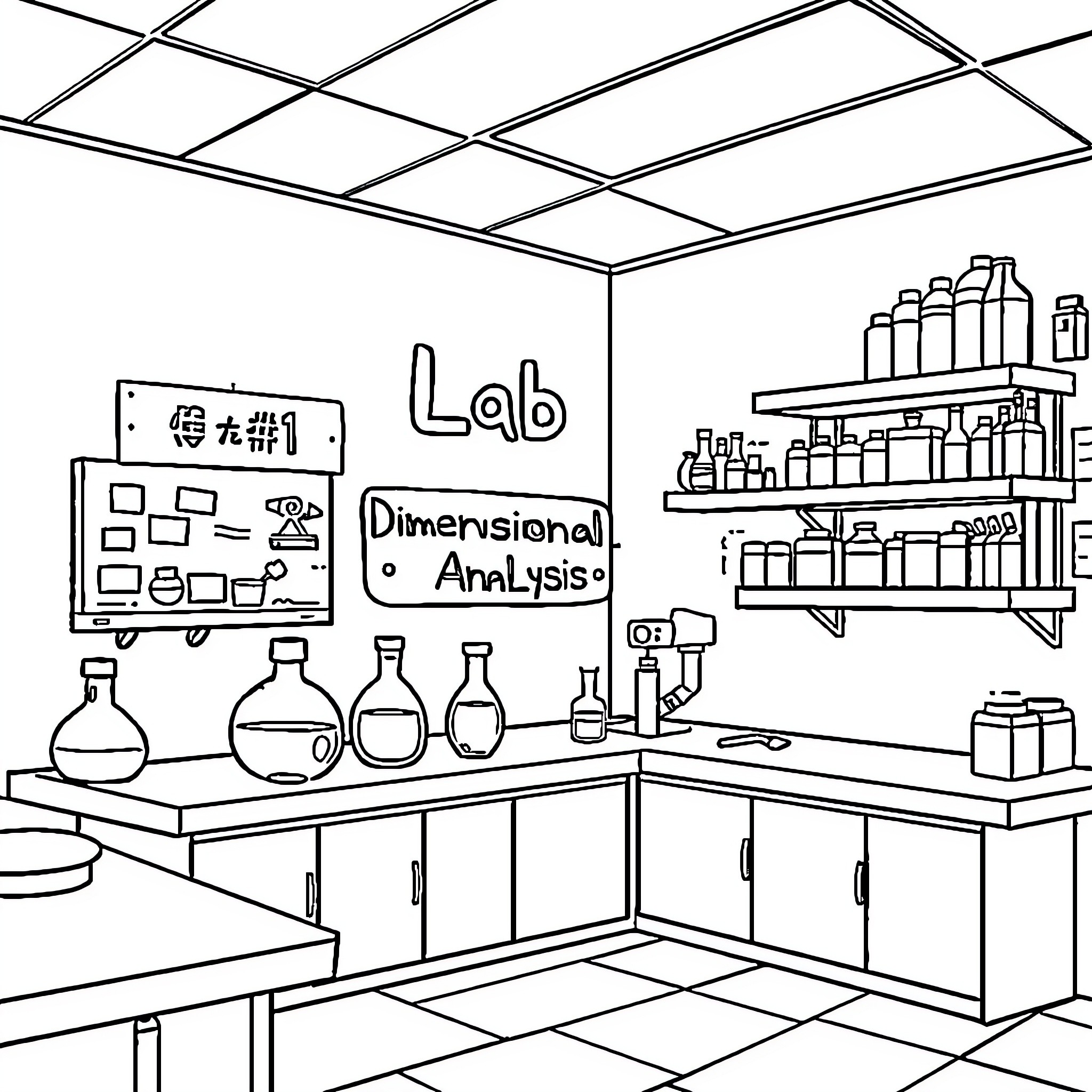 Lab of Dimensional Analysis Coloring Page (free black-and-white line drawing printable PDF for all, from beginners to advanced learners, including children, teens, adults, and seniors)