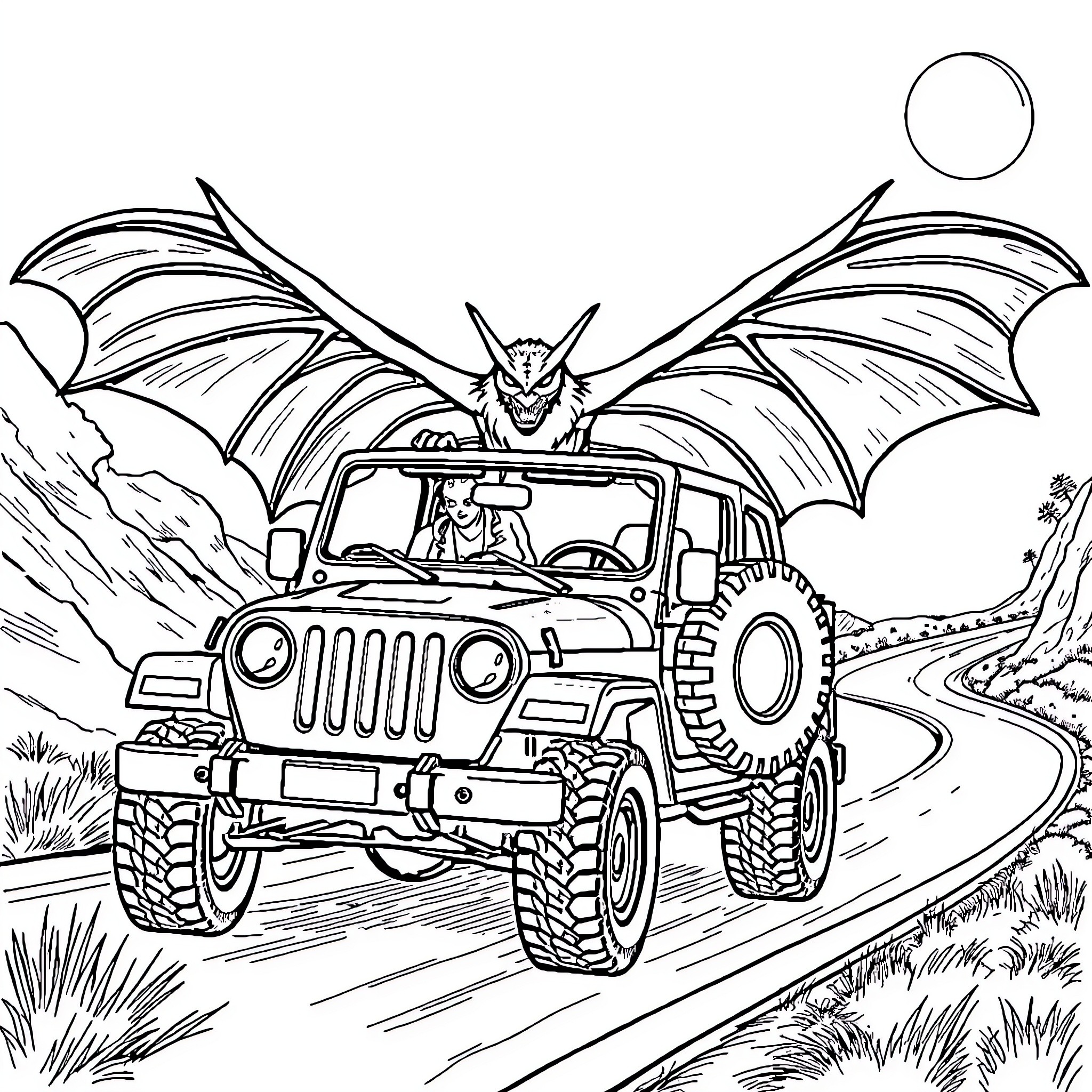 Mothman riding a monstrous vehicle on a winding road Coloring Page (free black-and-white line drawing printable PDF for all, from beginners to advanced learners, including children, teens, adults, and seniors)