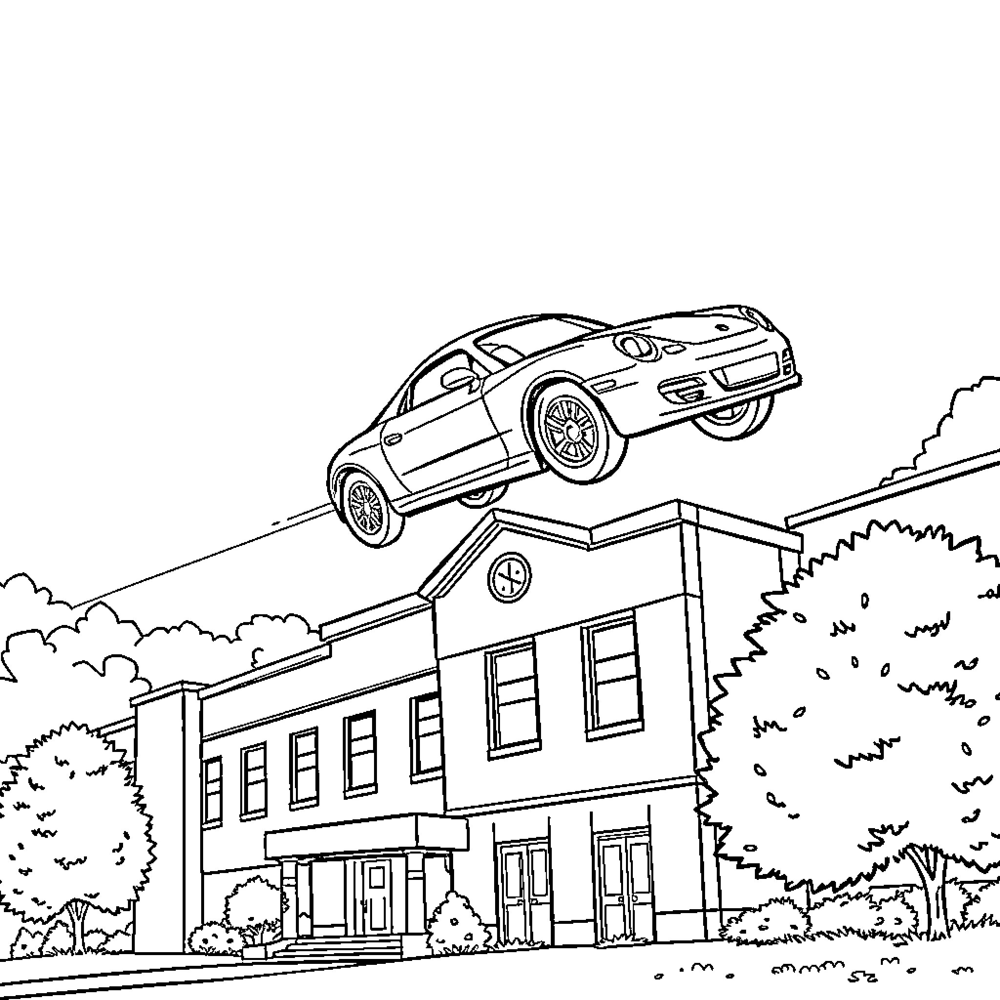Flying Car Racing Through City Streets Coloring Page (free black-and-white line drawing printable PDF for all, from beginners to advanced learners, including children, teens, adults, and seniors)