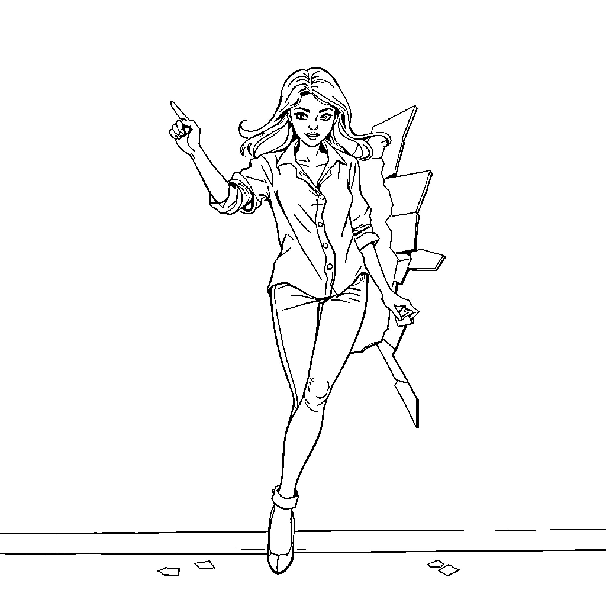 Girl Showcasing Superhero Powers with Lightning Coloring Page (free black-and-white line drawing printable PDF for all, from beginners to advanced learners, including children, teens, adults, and seniors)