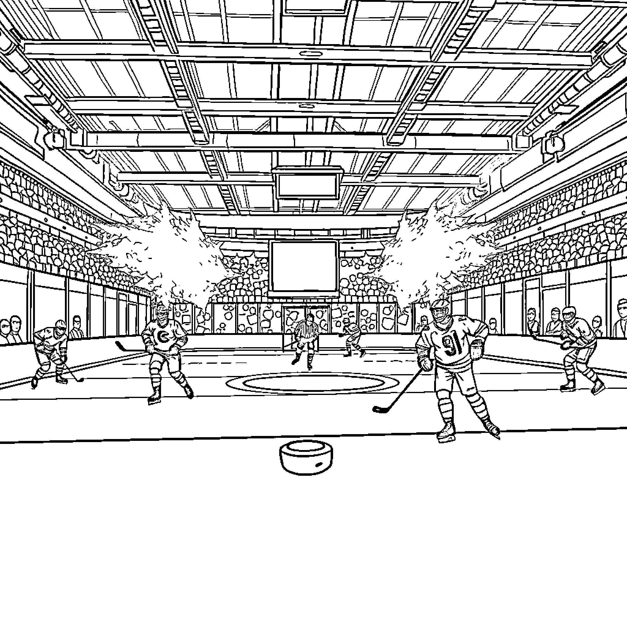 Ice Hockey Rink Players in Action on the Rink Coloring Page (free black-and-white line drawing printable PDF for all, from beginners to advanced learners, including children, teens, adults, and seniors)
