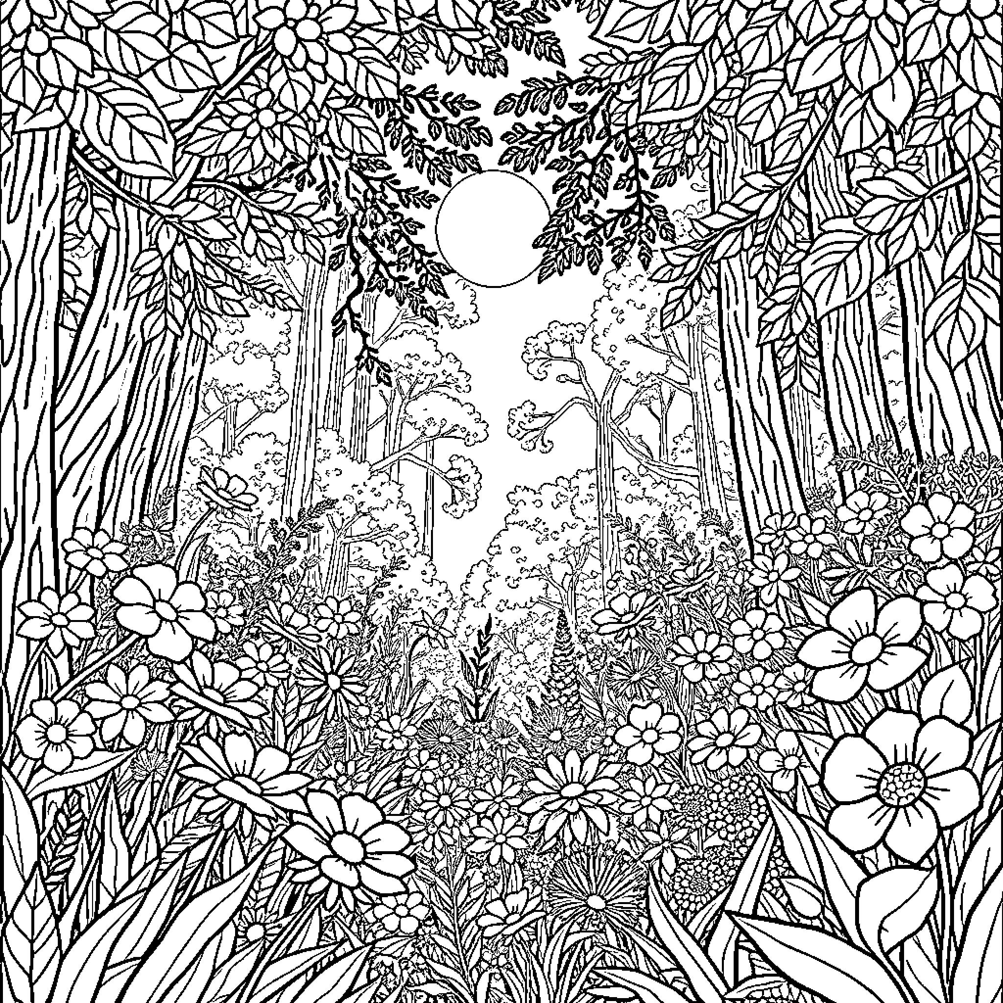 Forest of Intricate Floral Details Coloring Page (free black-and-white line drawing printable PDF for all, from beginners to advanced learners, including children, teens, adults, and seniors)