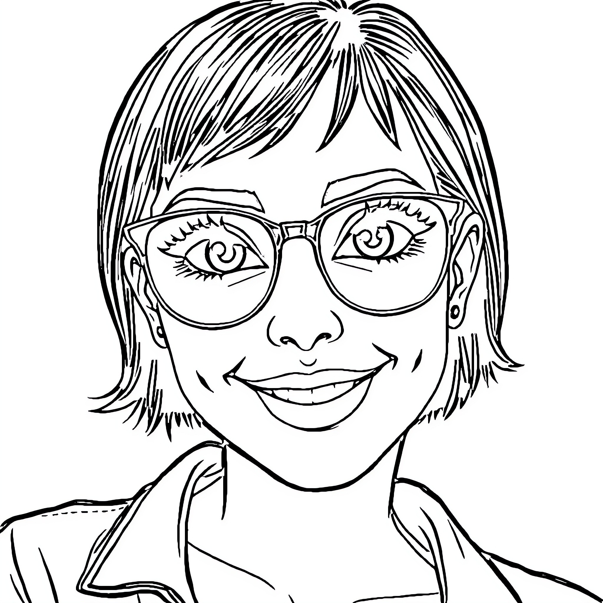 Woman wearing glasses with a friendly expression Coloring Page (free black-and-white line drawing printable PDF for all, from beginners to advanced learners, including children, teens, adults, and seniors)