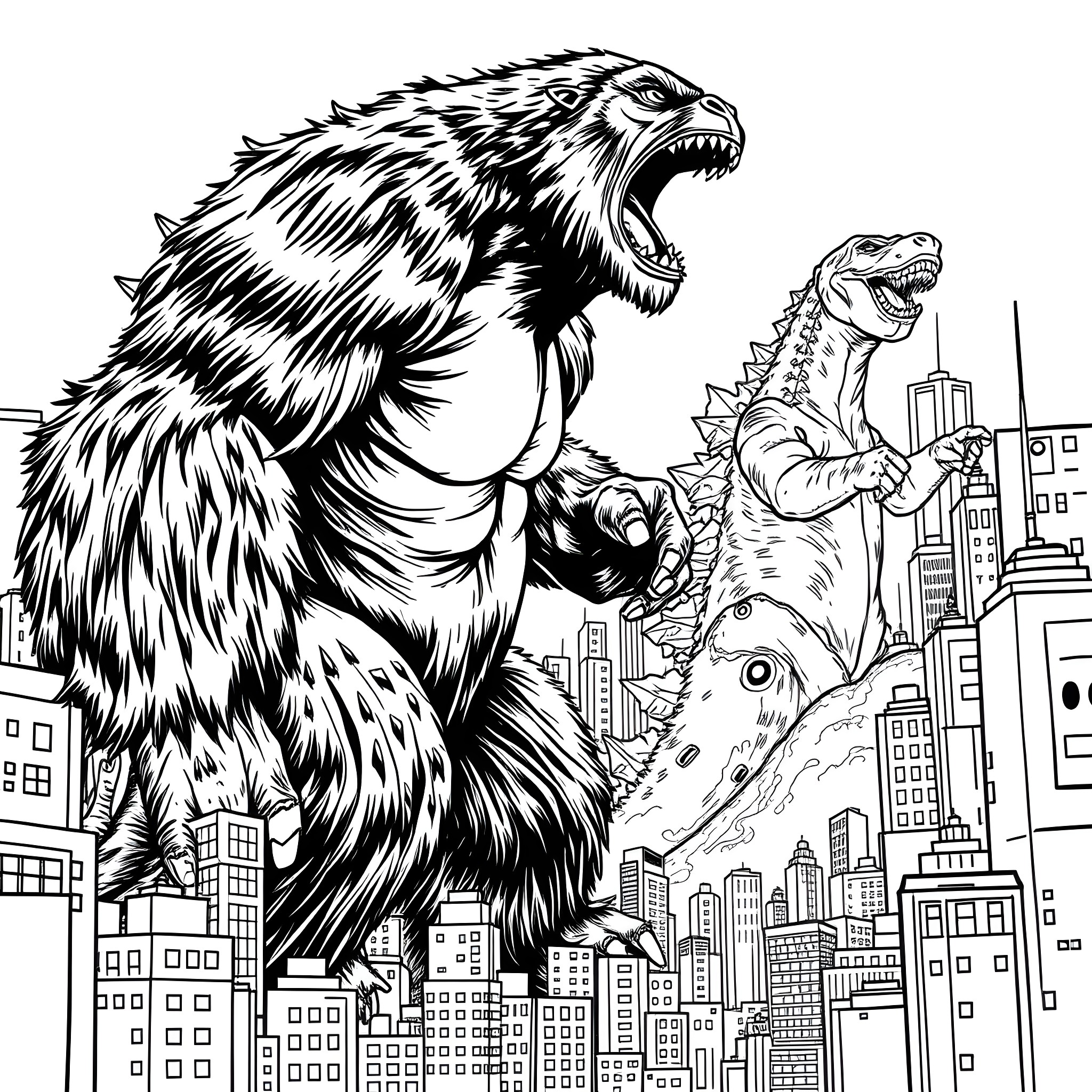 King Kong attacking the city with dinosaurs Coloring Page (free black-and-white line drawing printable PDF for all, from beginners to advanced learners, including children, teens, adults, and seniors)