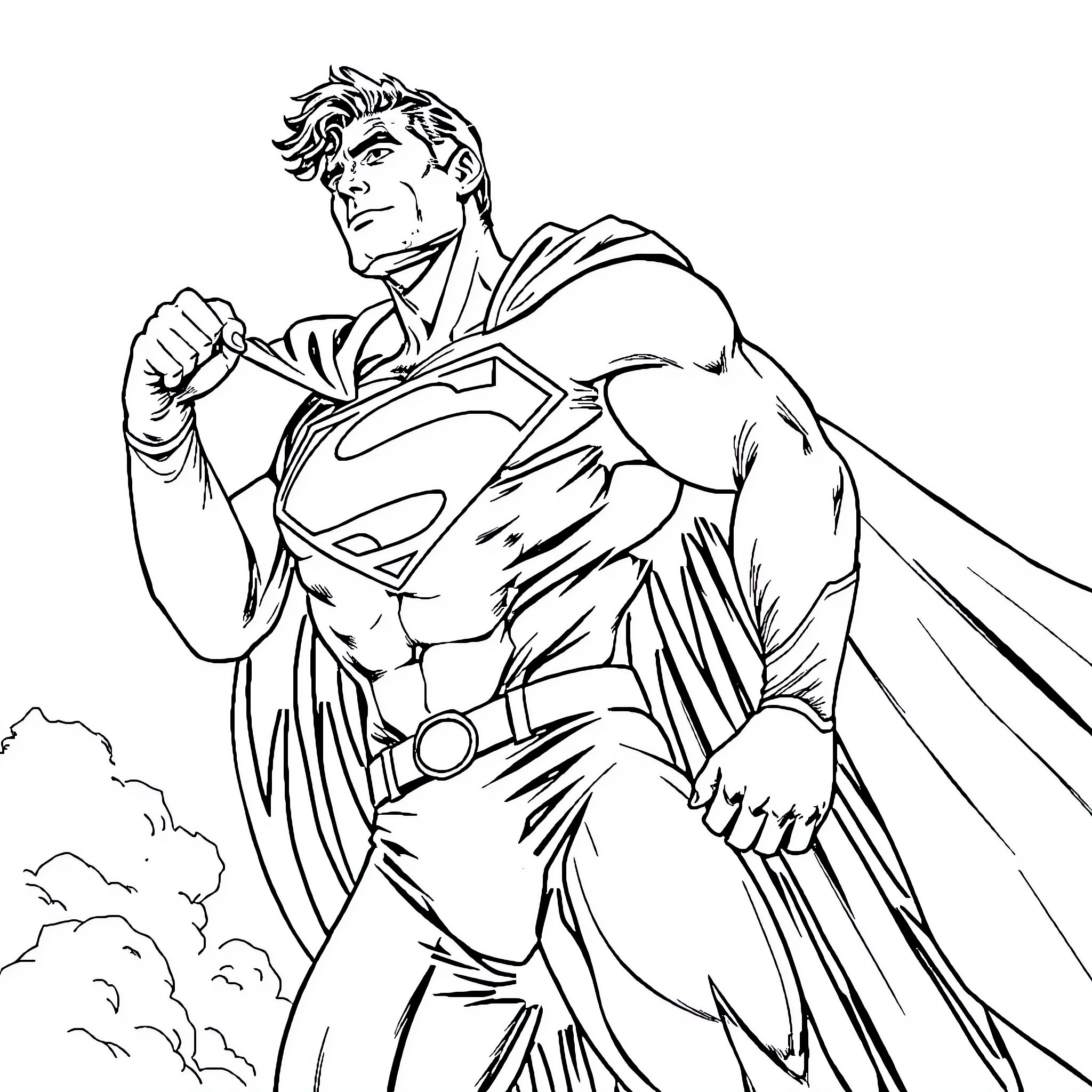 Superman posed for action in dramatic outfit Coloring Page (free black-and-white line drawing printable PDF for all, from beginners to advanced learners, including children, teens, adults, and seniors)