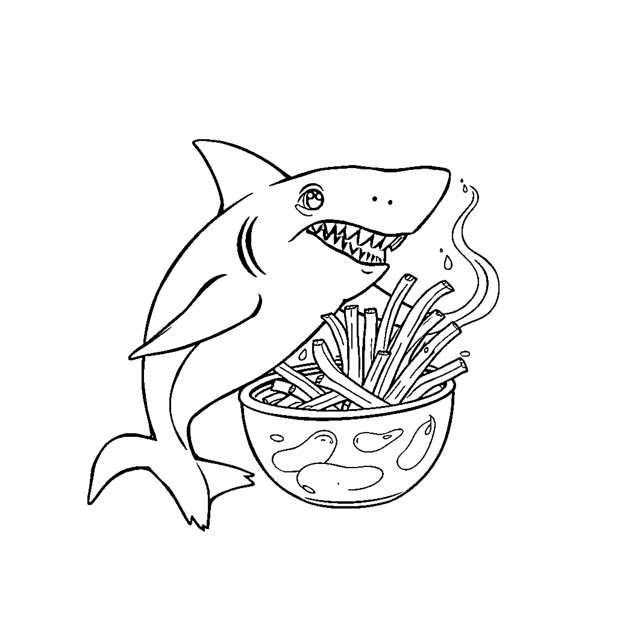 Shark eating a bowl of french fries Coloring Page (free black-and-white line drawing printable PDF for all, from beginners to advanced learners, including children, teens, adults, and seniors)