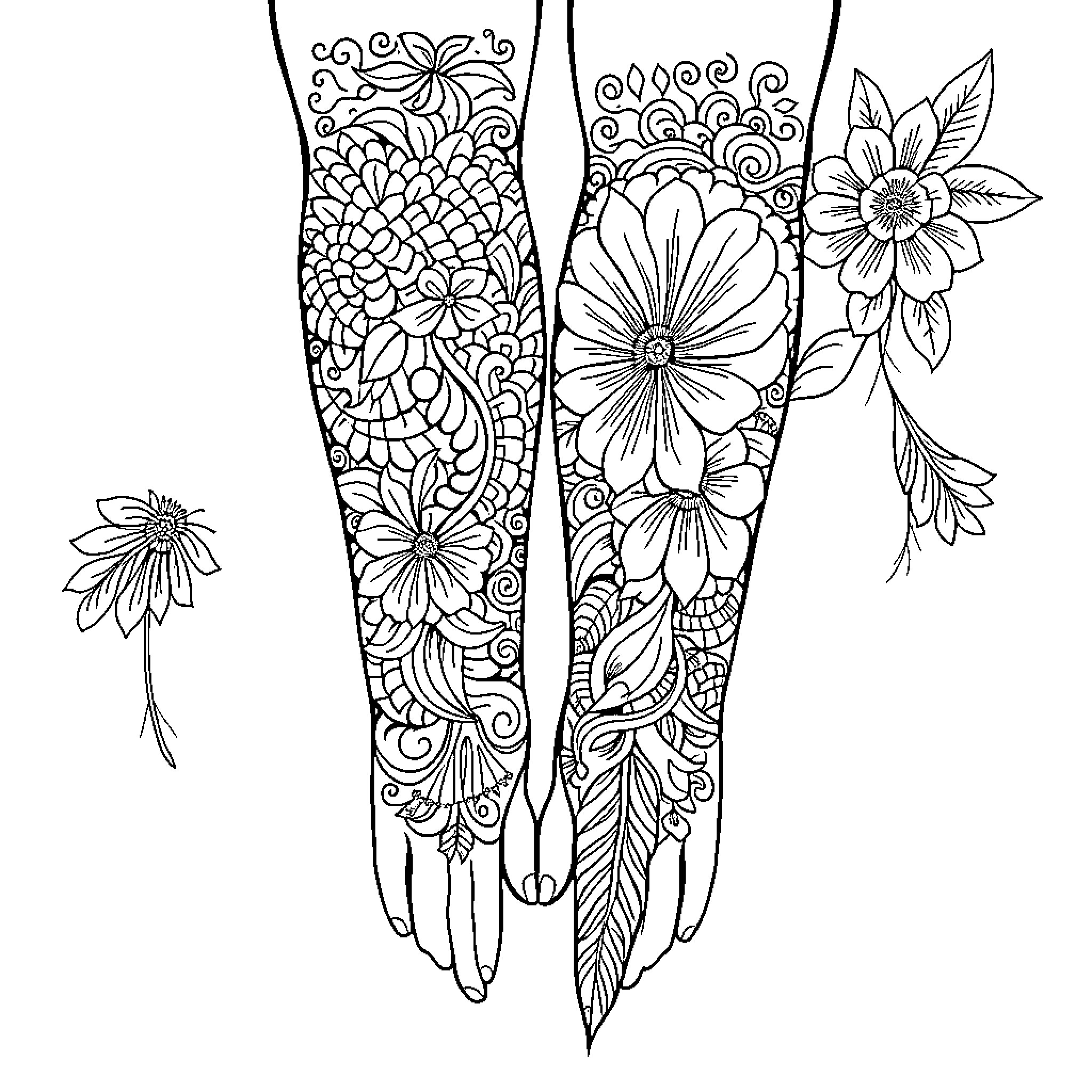 Tattoo with intricate floral patterns Coloring Page (free black-and-white line drawing printable PDF for all, from beginners to advanced learners, including children, teens, adults, and seniors)