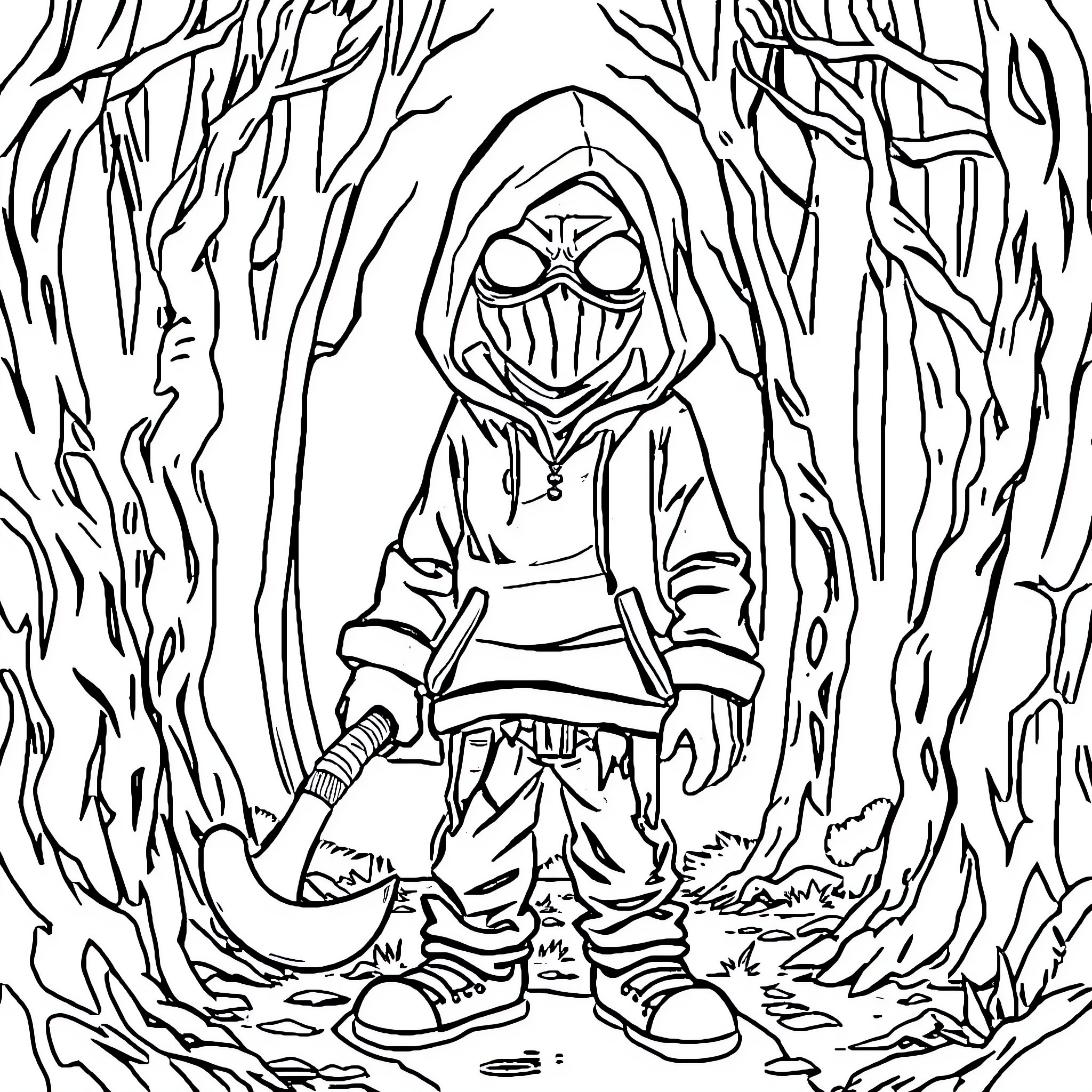 Ticci Toby in a Sinister Forest Landscape Coloring Page (free black-and-white line drawing printable PDF for all, from beginners to advanced learners, including children, teens, adults, and seniors)
