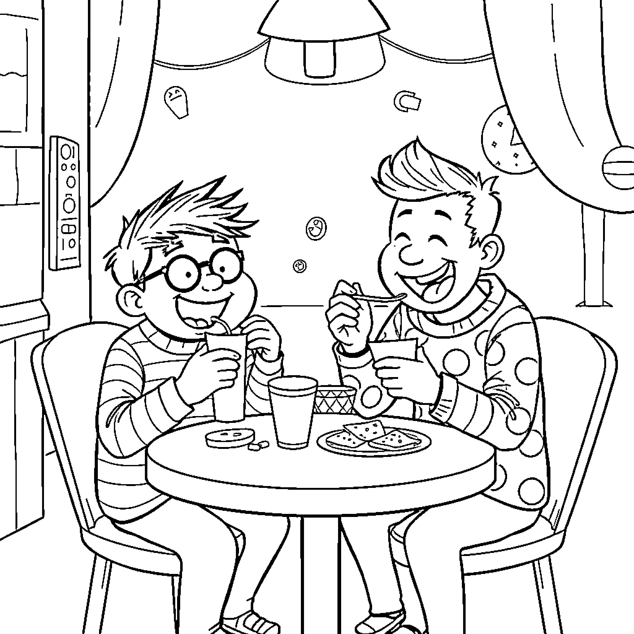 Edd Gould and friend enjoying a meal together Coloring Page (free black-and-white line drawing printable PDF for all, from beginners to advanced learners, including children, teens, adults, and seniors)
