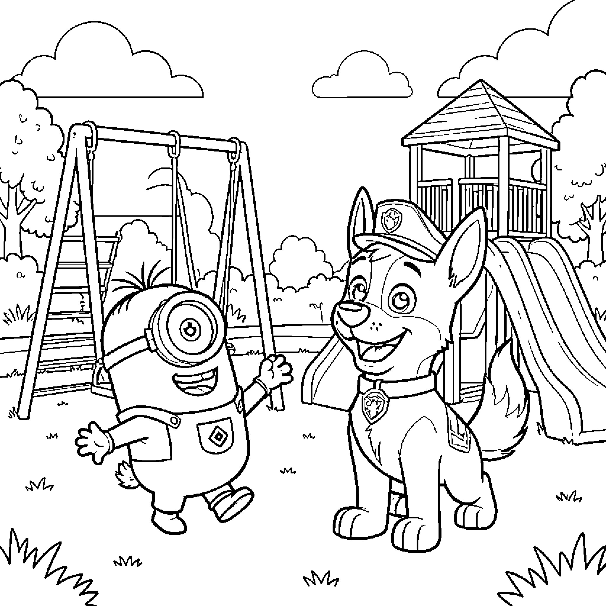 Minion playing happily with a puppy at a playground Coloring Page (free black-and-white line drawing printable PDF for all, from beginners to advanced learners, including children, teens, adults, and seniors)