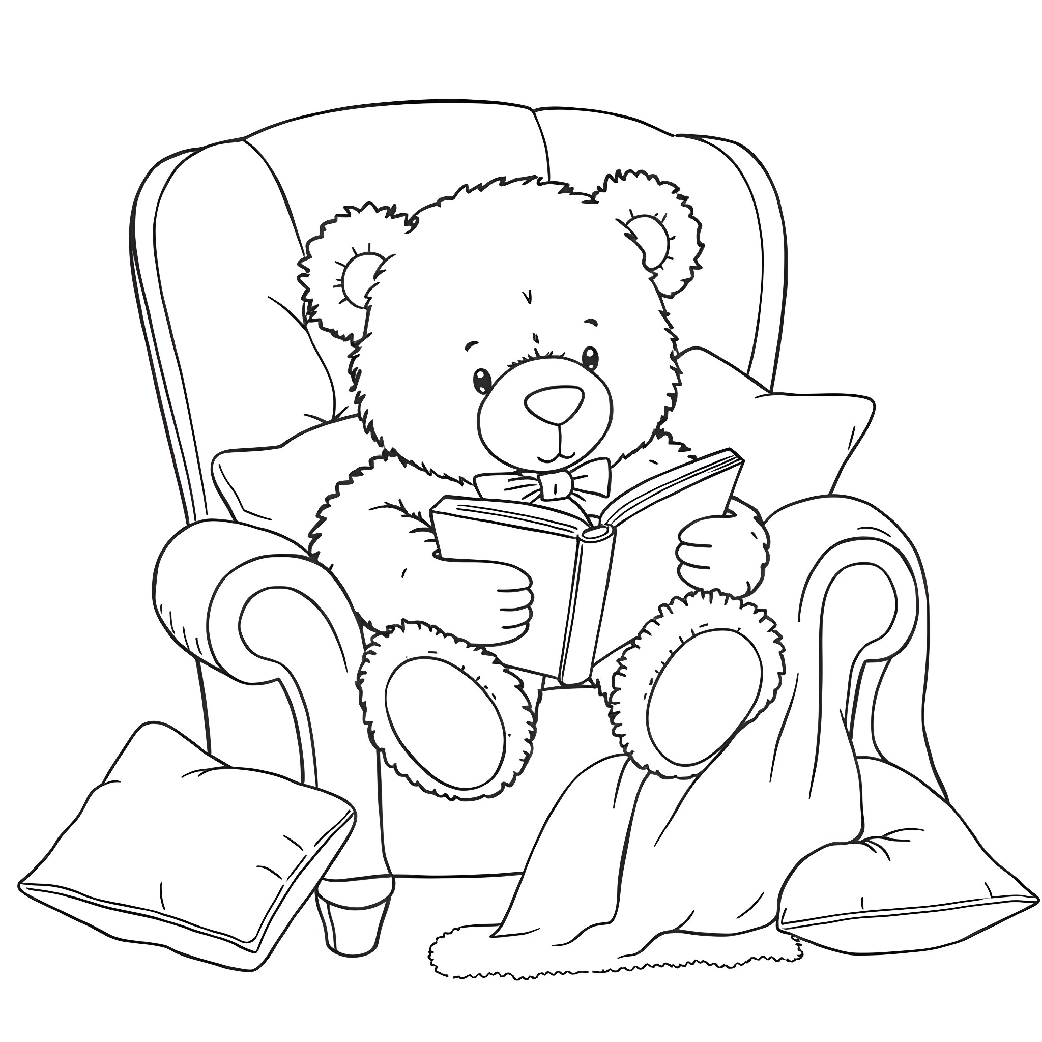 Teddy Bear Reading a Book in Cozy Armchair Coloring Page (free black-and-white line drawing printable PDF for all, from beginners to advanced learners, including children, teens, adults, and seniors)