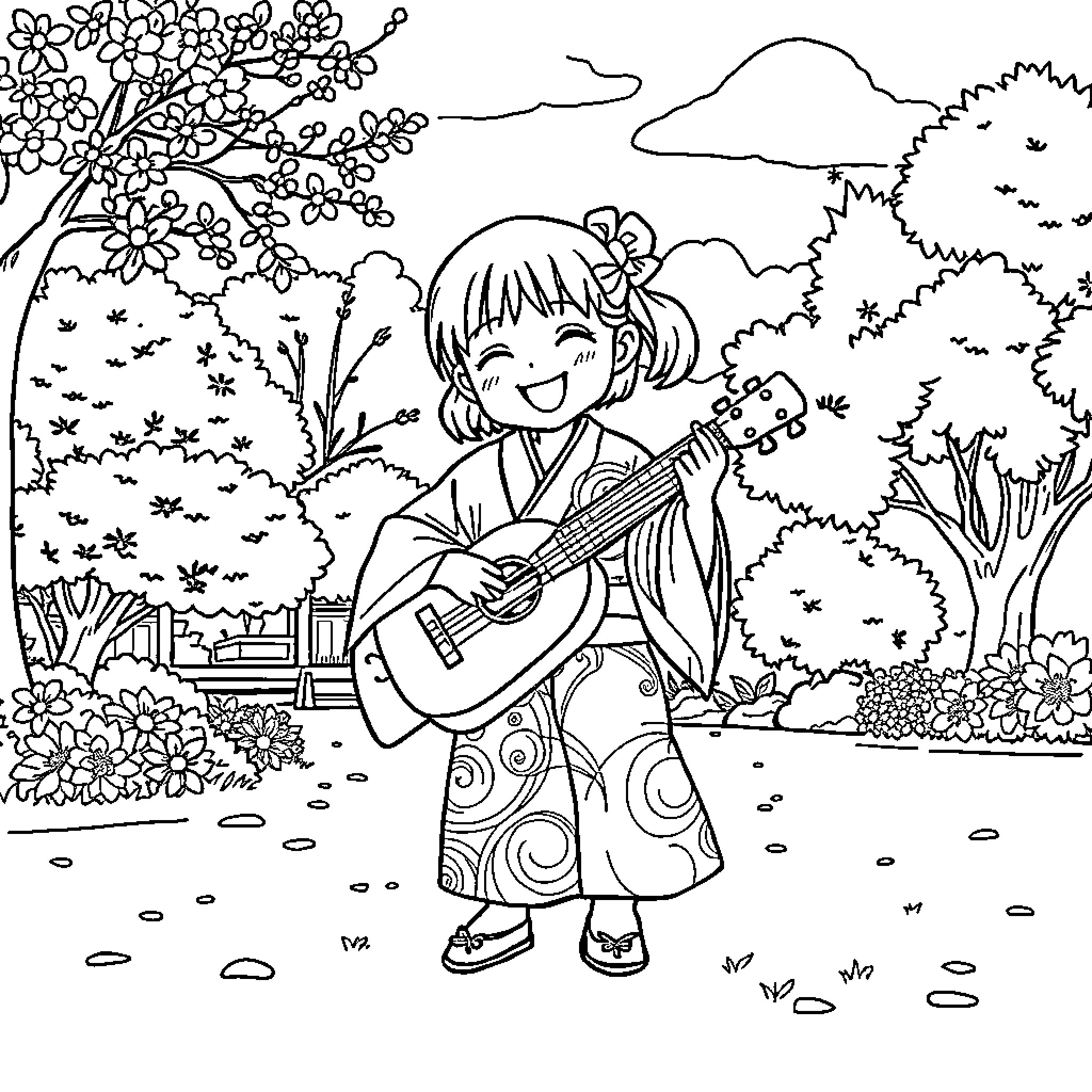 Girl Playing Guitar in a Scenic Nature Setting Coloring Page (free black-and-white line drawing printable PDF for all, from beginners to advanced learners, including children, teens, adults, and seniors)