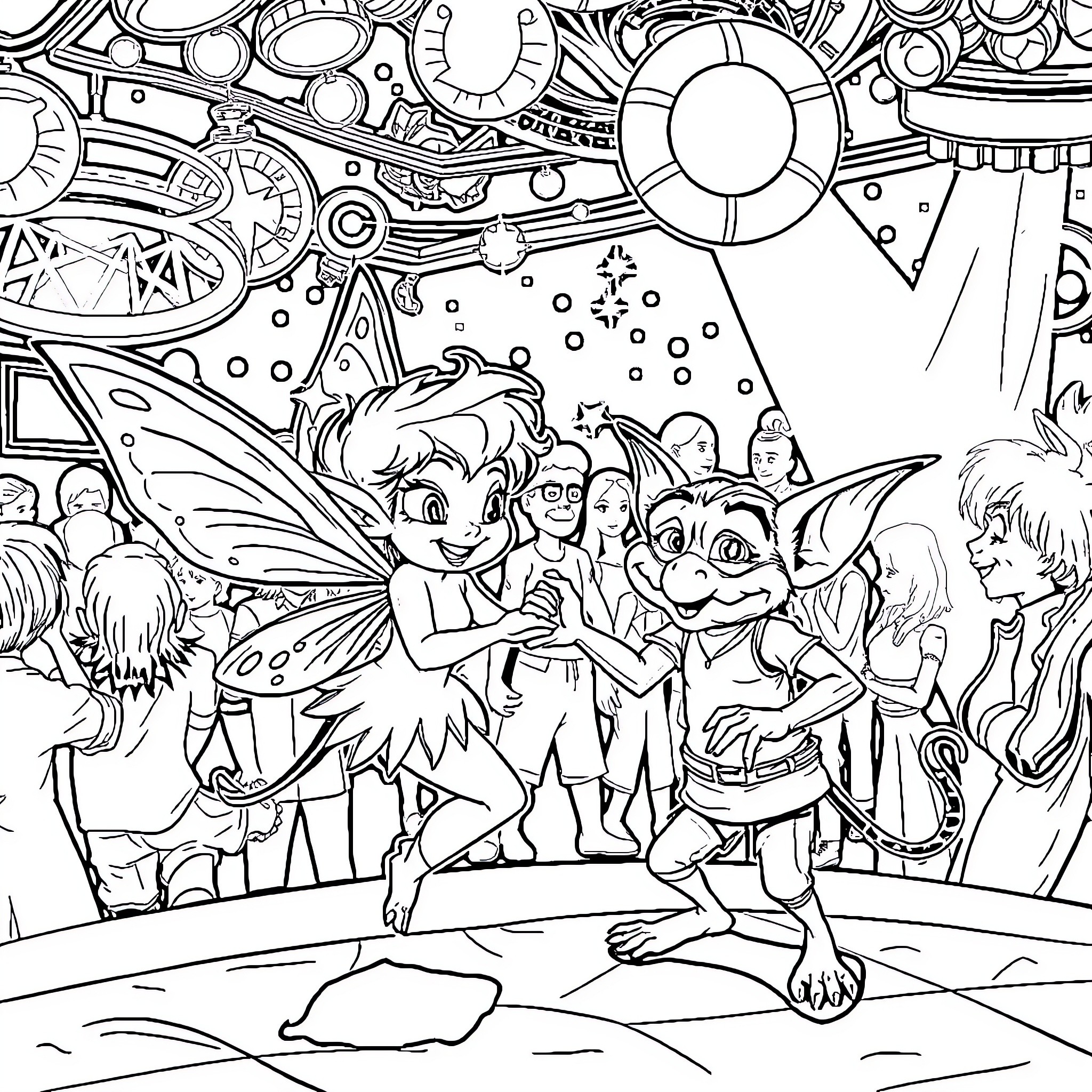 Pixie Fairies and Creatures Gathering in Whimsical World Coloring Page (free black-and-white line drawing printable PDF for all, from beginners to advanced learners, including children, teens, adults, and seniors)