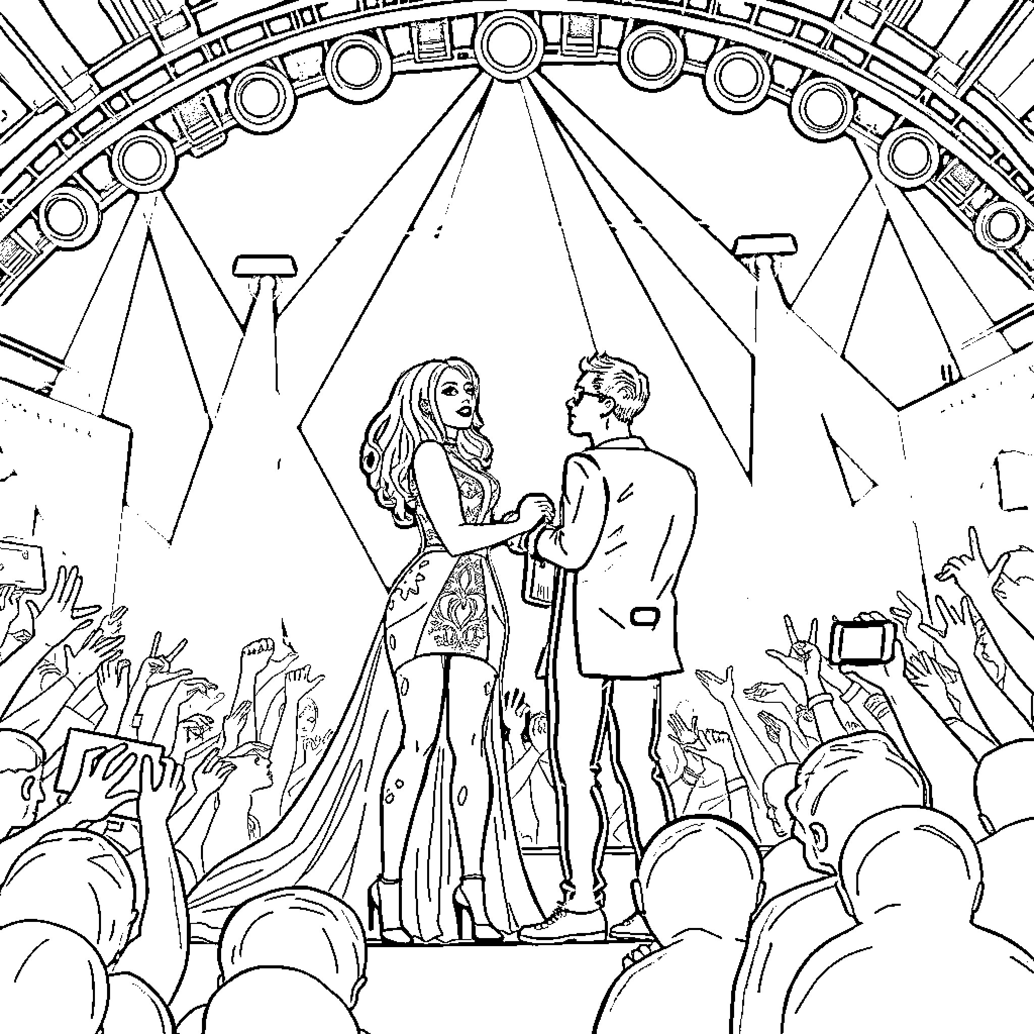 Lady Gaga performs on stage with crowd Coloring Page (free black-and-white line drawing printable PDF for all, from beginners to advanced learners, including children, teens, adults, and seniors)