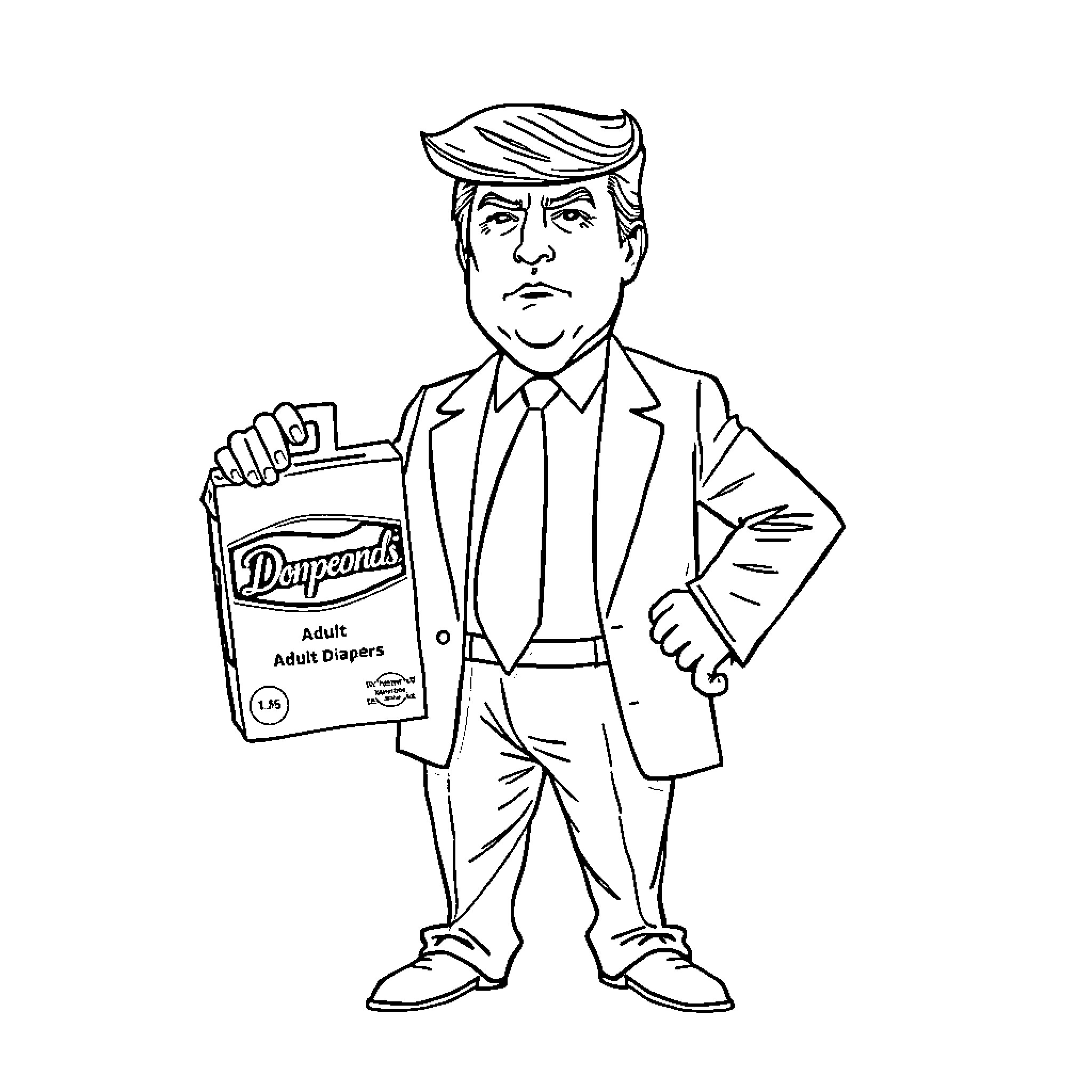 Donald Trump holding Diapers package in formal attire Coloring Page (free black-and-white line drawing printable PDF for all, from beginners to advanced learners, including children, teens, adults, and seniors)