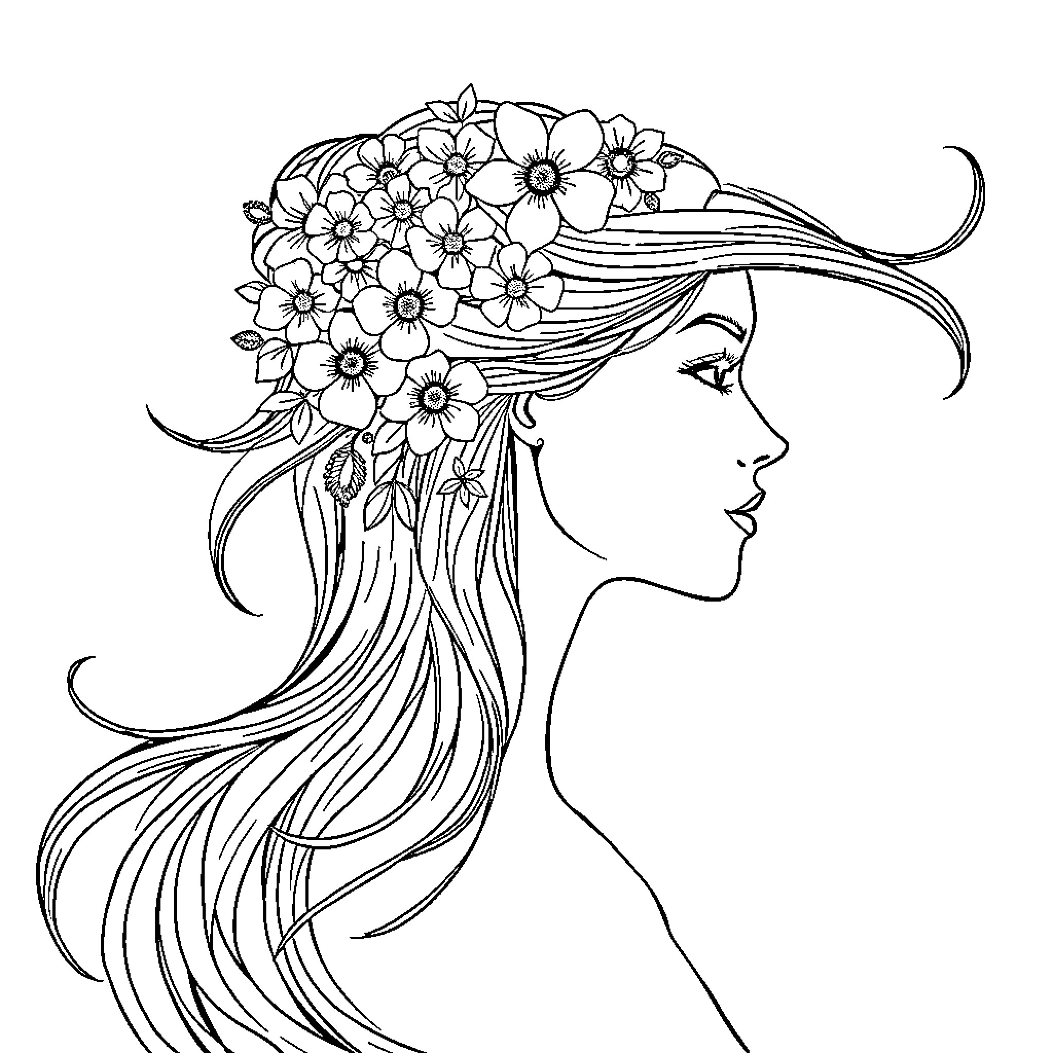 Woman with Flowing Hair and Floral Headpiece Coloring Page (free black-and-white line drawing printable PDF for all, from beginners to advanced learners, including children, teens, adults, and seniors)