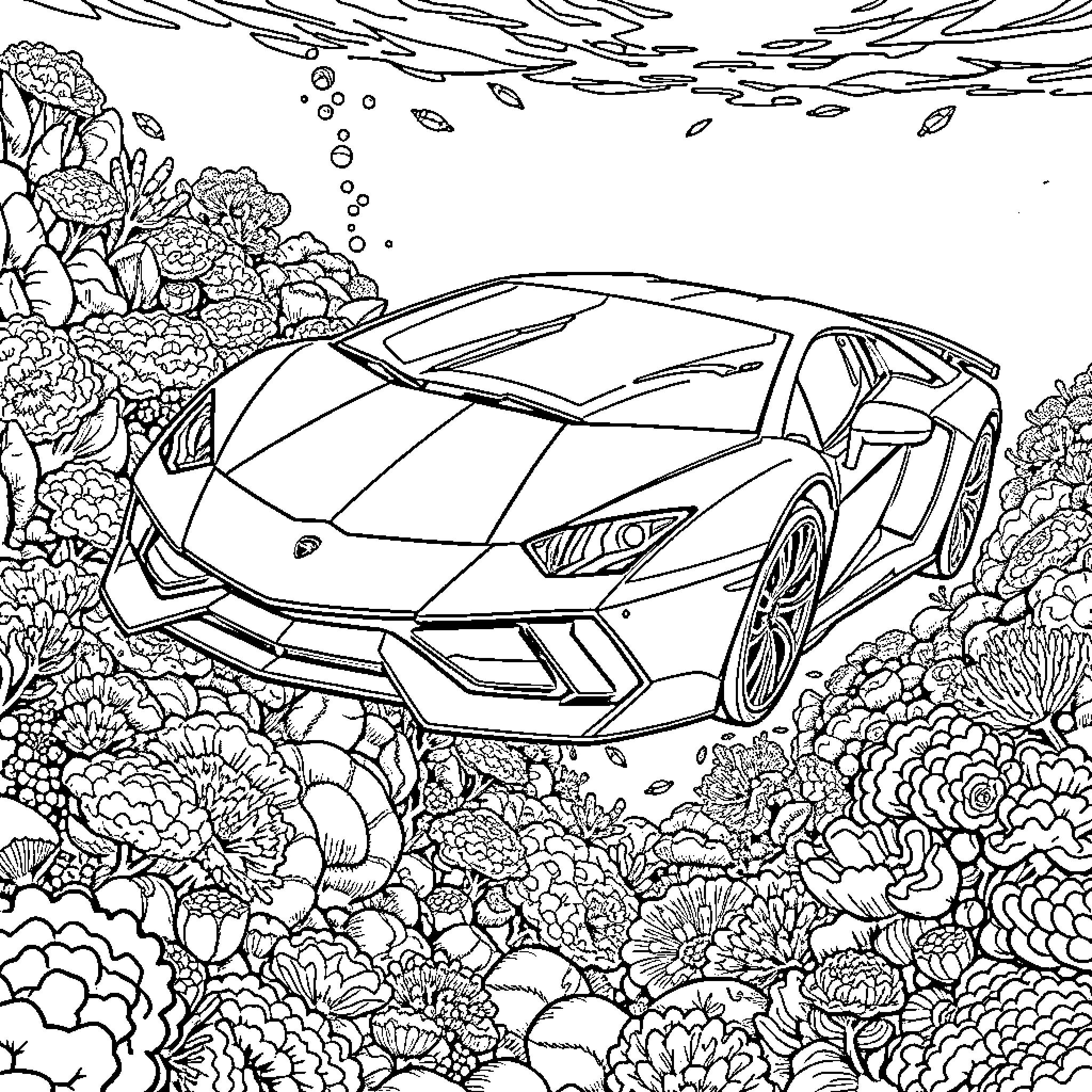 Lamborghini supercar speeding through a lush garden Coloring Page (free black-and-white line drawing printable PDF for all, from beginners to advanced learners, including children, teens, adults, and seniors)