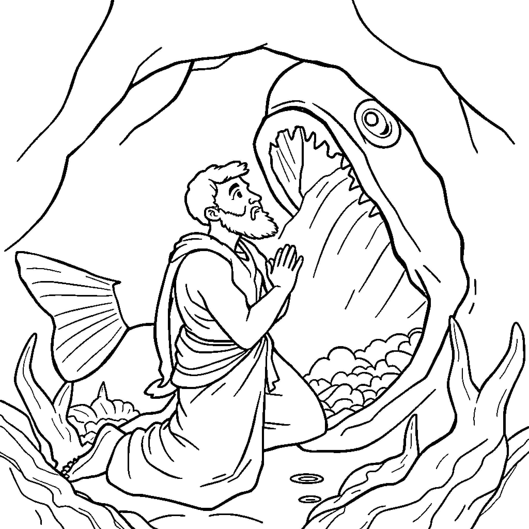 Jonah being swallowed by a large fish Coloring Page (free black-and-white line drawing printable PDF for all, from beginners to advanced learners, including children, teens, adults, and seniors)