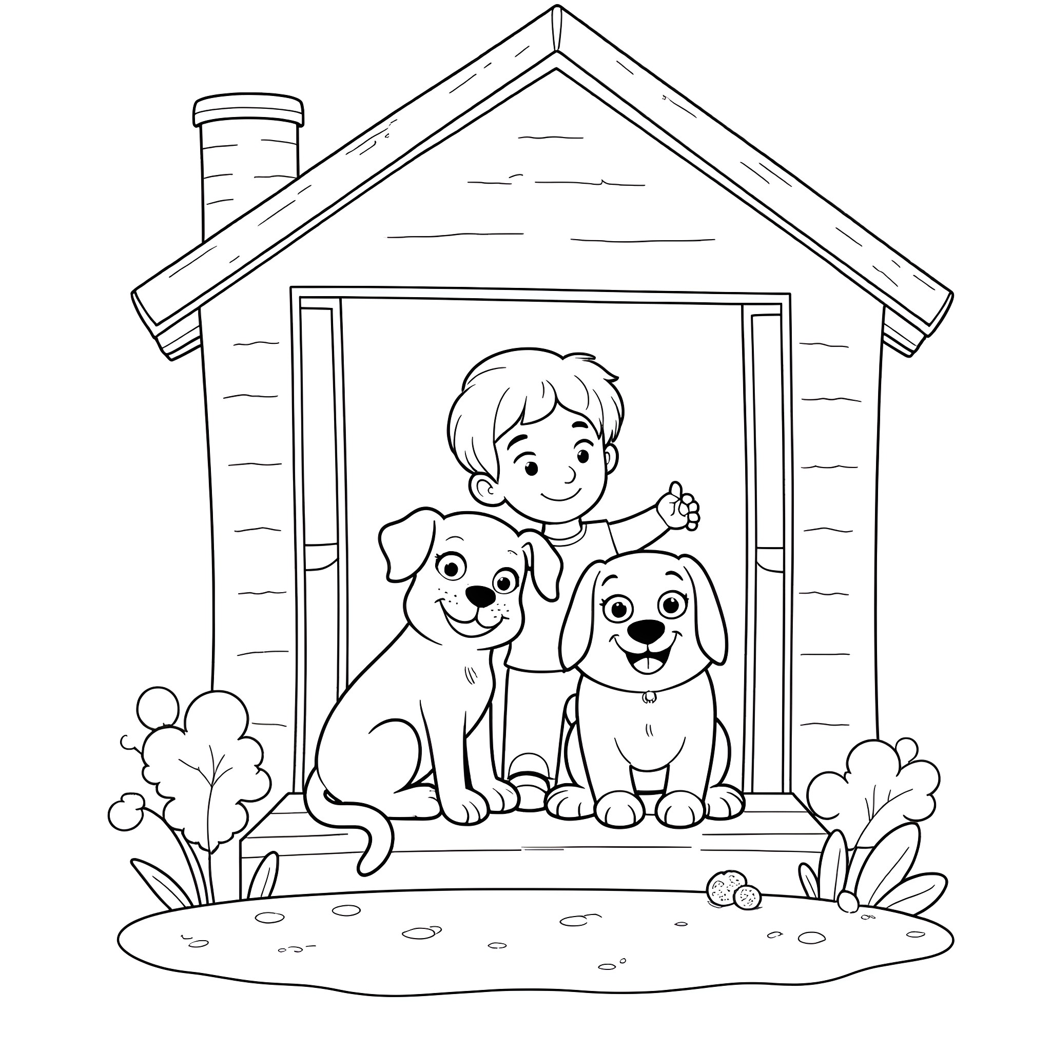 Cat and His Friends Enjoying the Outdoors Coloring Page (free black-and-white line drawing printable PDF for all, from beginners to advanced learners, including children, teens, adults, and seniors)