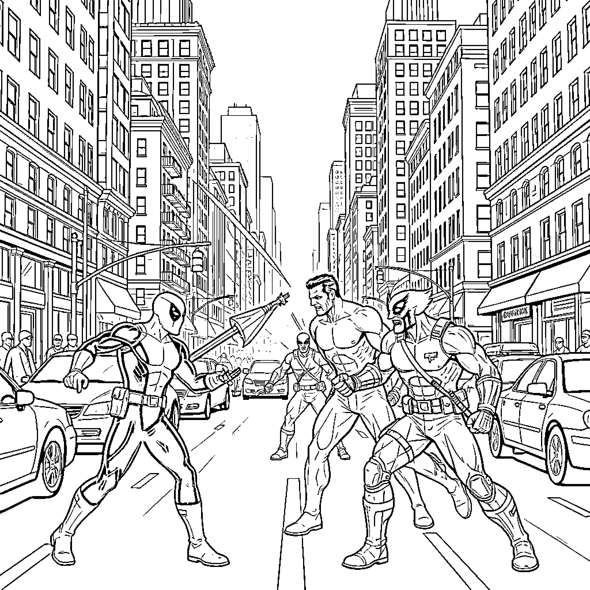 Deadpool fighting Wolverine and other heroes in city streets Coloring Page (free black-and-white line drawing printable PDF for all, from beginners to advanced learners, including children, teens, adults, and seniors)