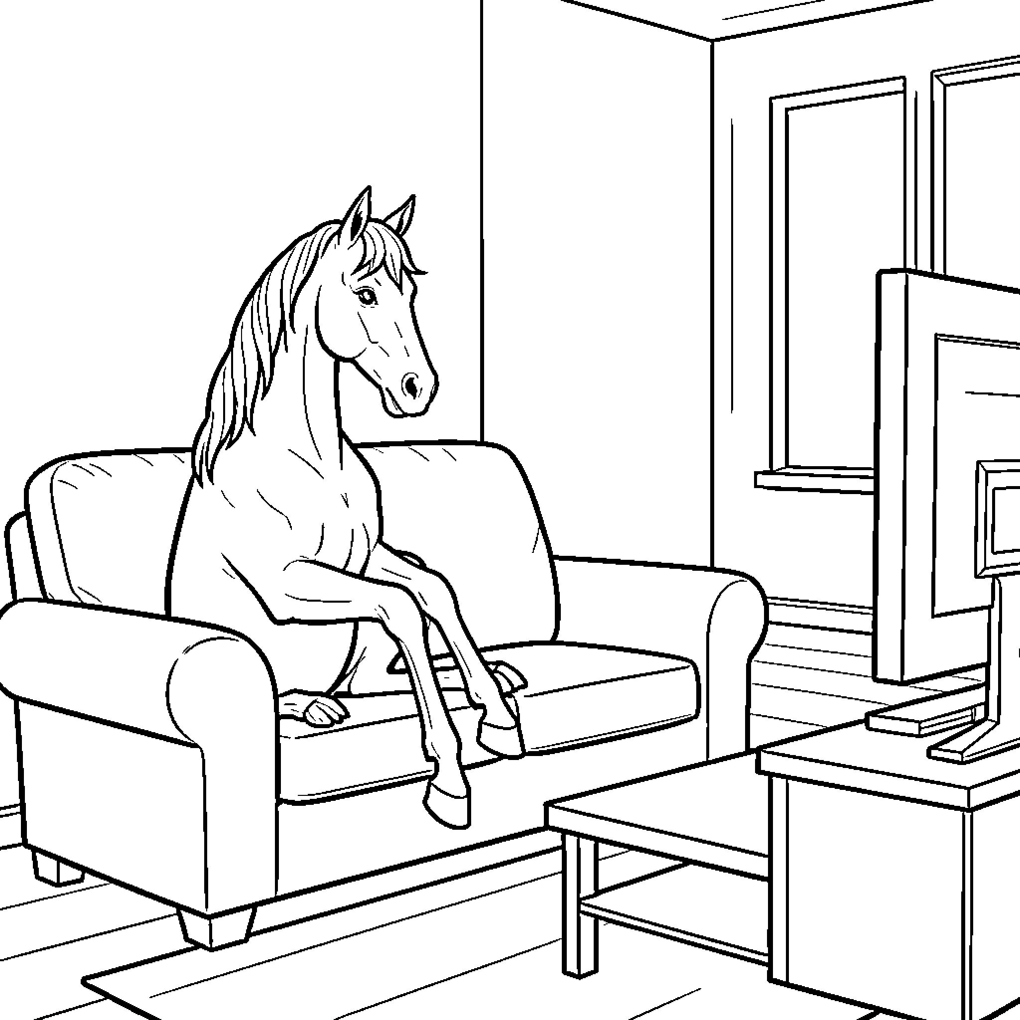 Horse sitting on a sofa watching television Coloring Page (free black-and-white line drawing printable PDF for all, from beginners to advanced learners, including children, teens, adults, and seniors)