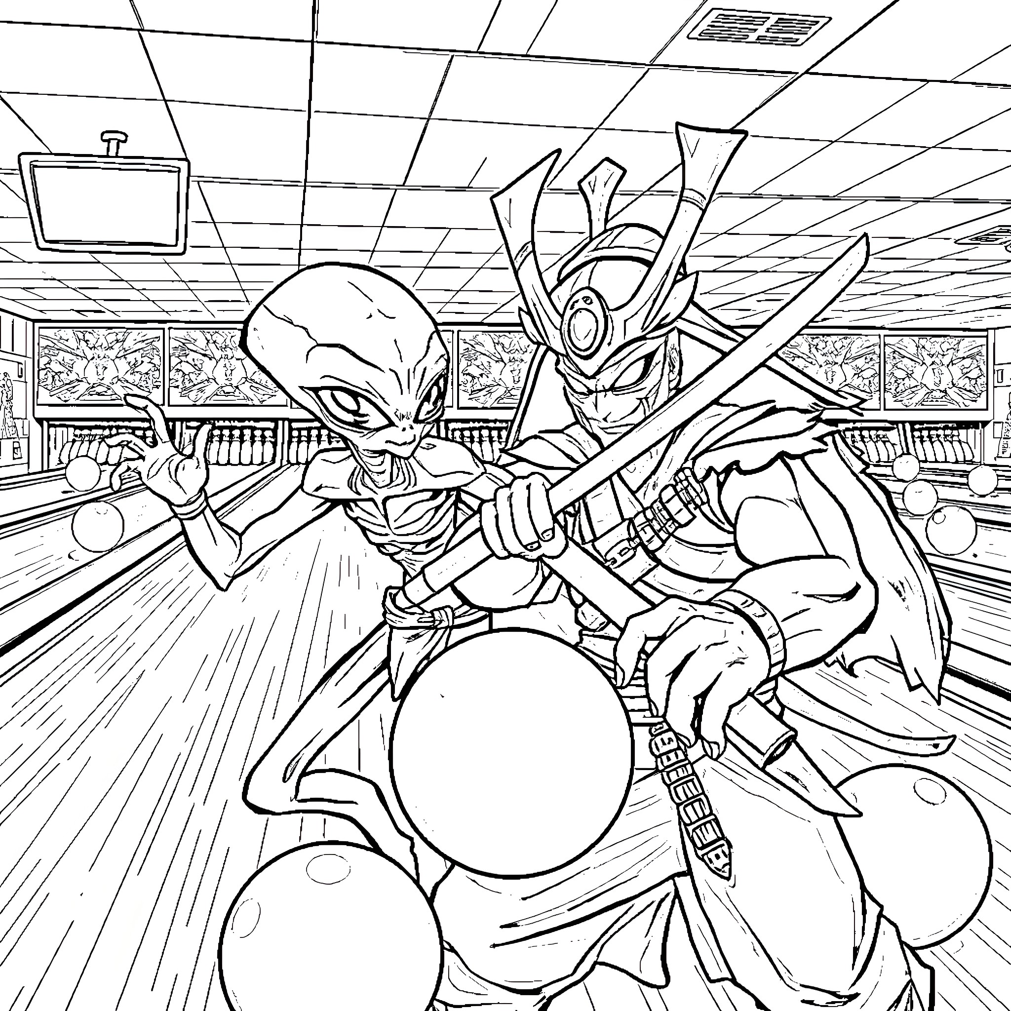 Alien Bowlers Compete Fiercely on the Lanes Coloring Page (free black-and-white line drawing printable PDF for all, from beginners to advanced learners, including children, teens, adults, and seniors)