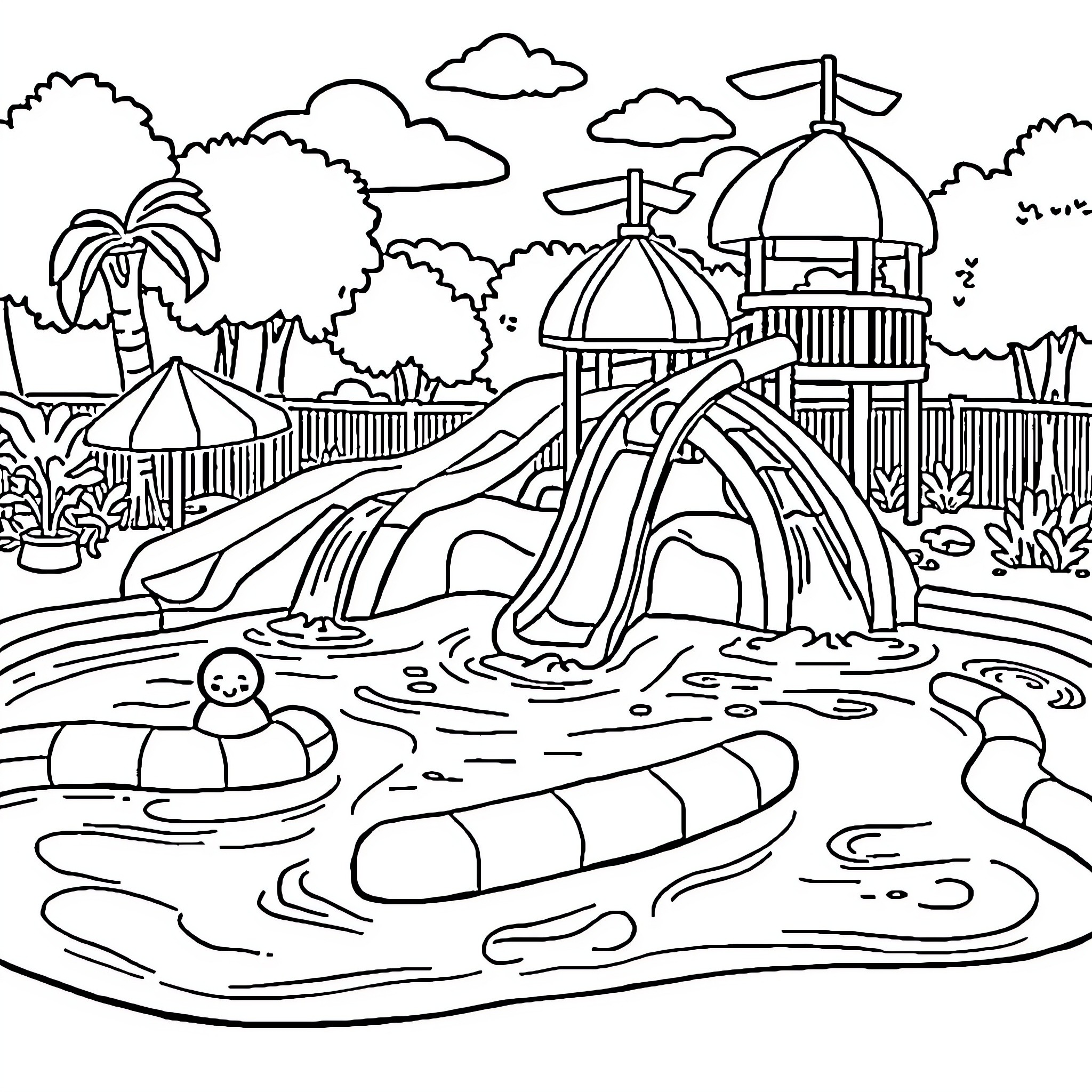 Water Park with Waterslides and Inflatable Tubes Coloring Page (free black-and-white line drawing printable PDF for all, from beginners to advanced learners, including children, teens, adults, and seniors)