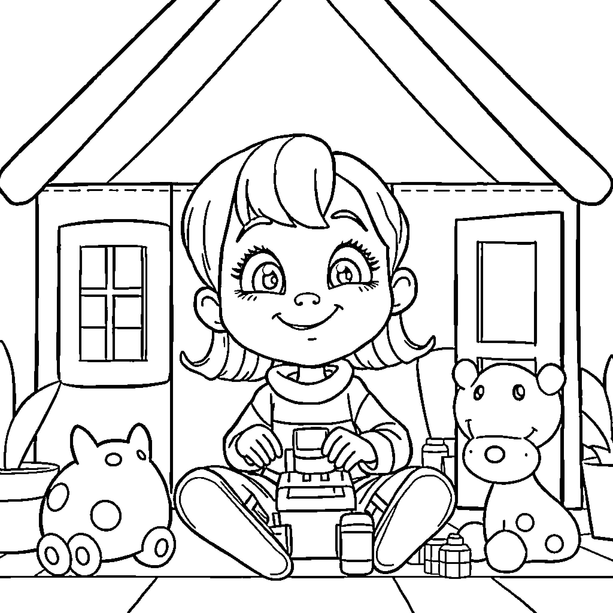 Anya playing with toys in front of house Coloring Page (free black-and-white line drawing printable PDF for all, from beginners to advanced learners, including children, teens, adults, and seniors)