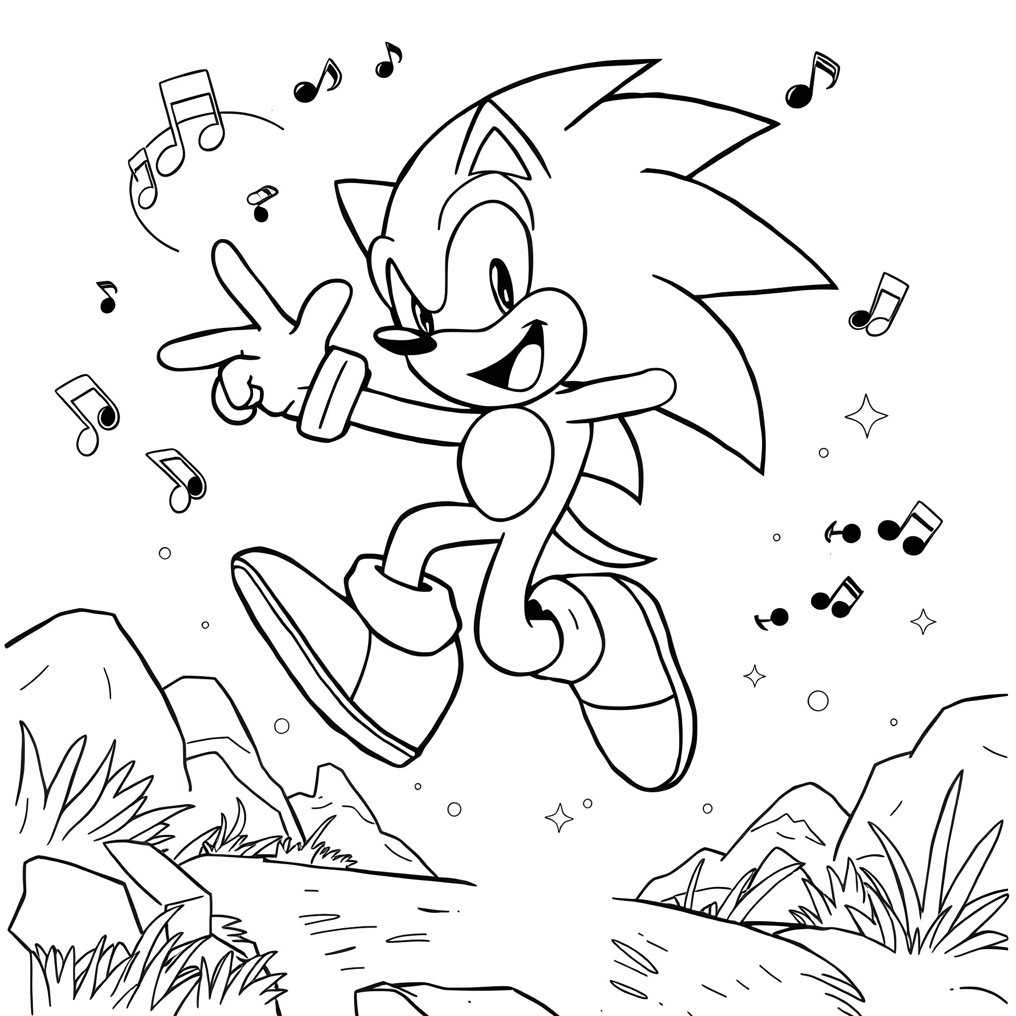 Sonic joyfully dancing amidst musical notes and nature Coloring Page (free black-and-white line drawing printable PDF for all, from beginners to advanced learners, including children, teens, adults, and seniors)