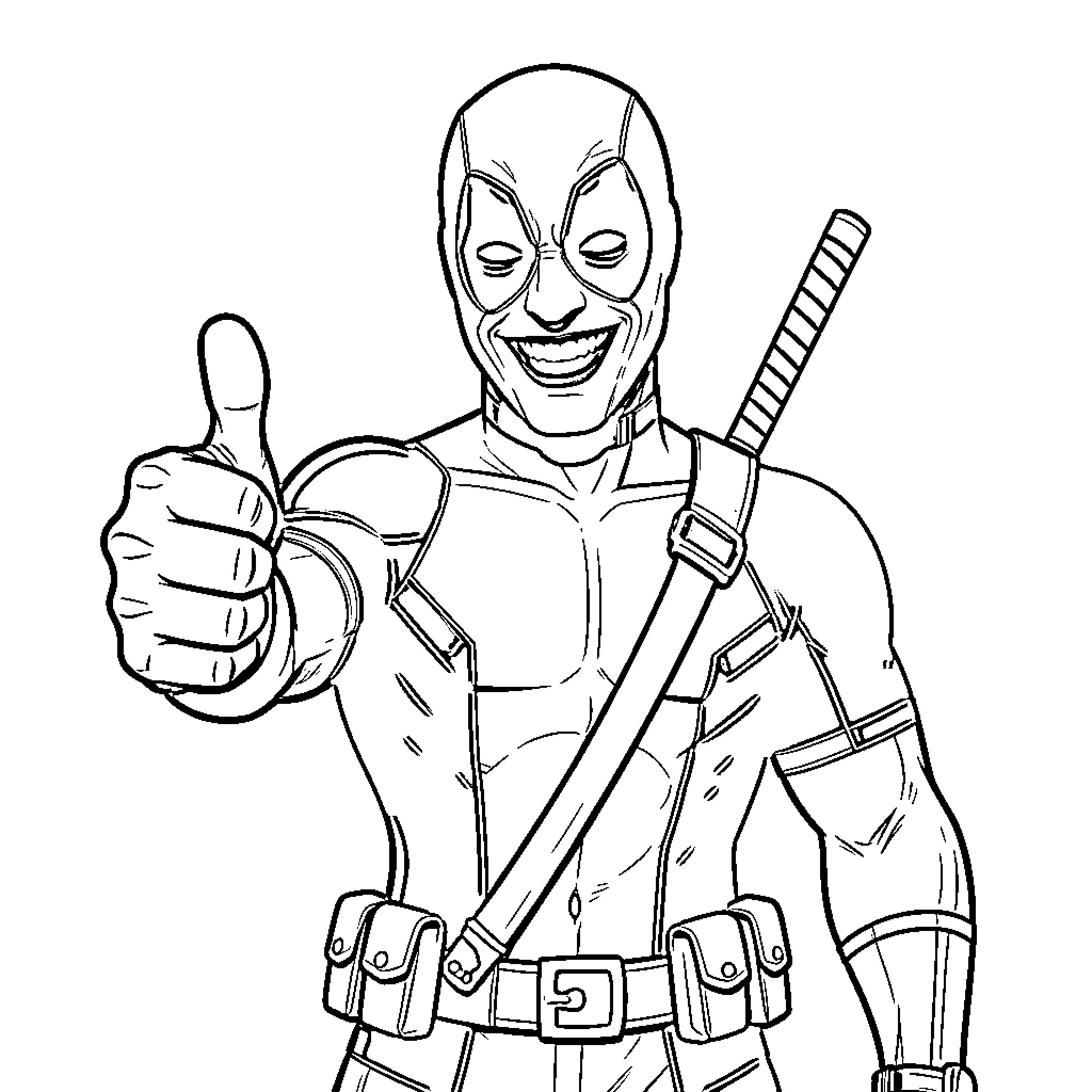 Deadpool giving a thumbs up in a heroic pose Coloring Page (free black-and-white line drawing printable PDF for all, from beginners to advanced learners, including children, teens, adults, and seniors)
