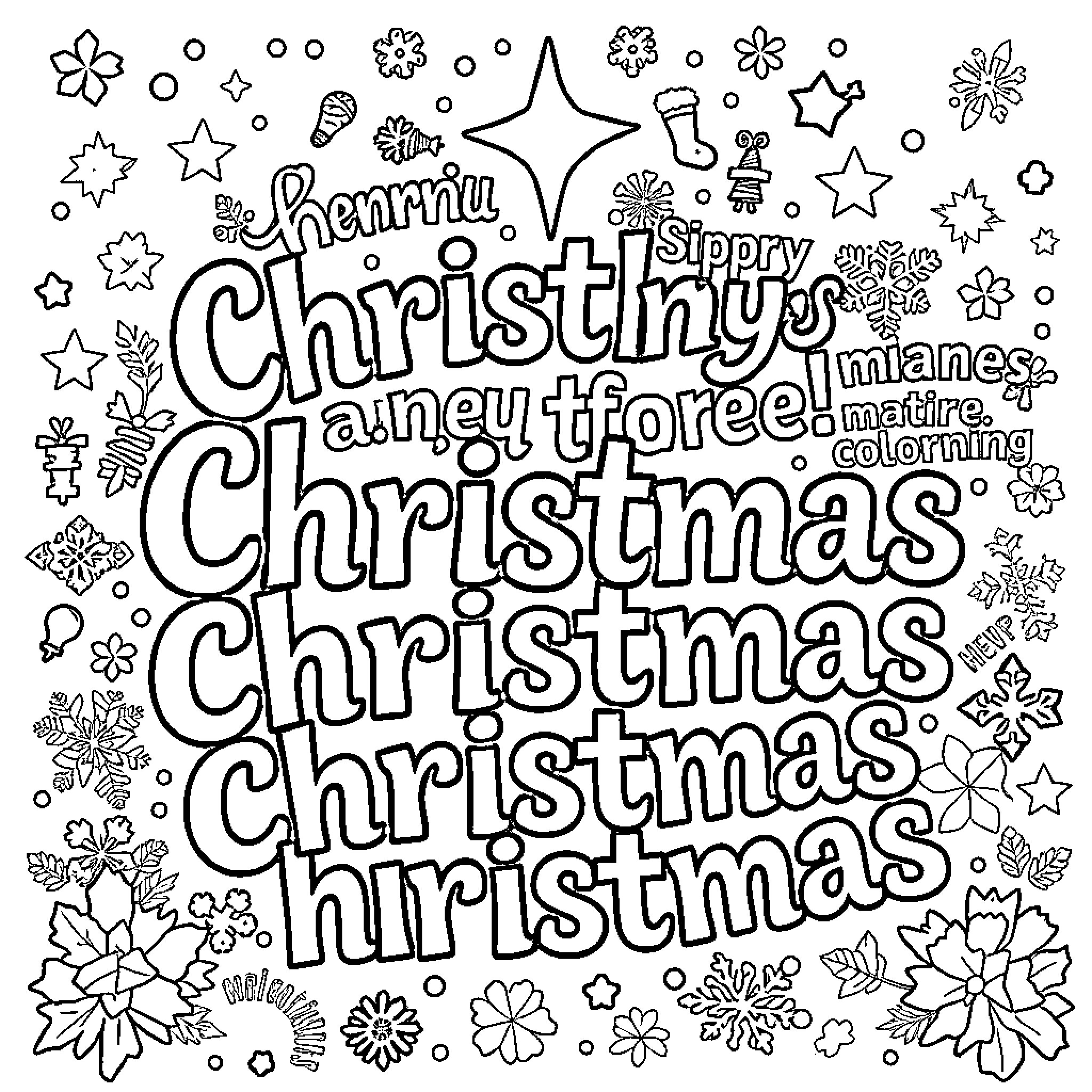 Christmas Doodles Expressing Holiday Joy Coloring Page (free black-and-white line drawing printable PDF for all, from beginners to advanced learners, including children, teens, adults, and seniors)
