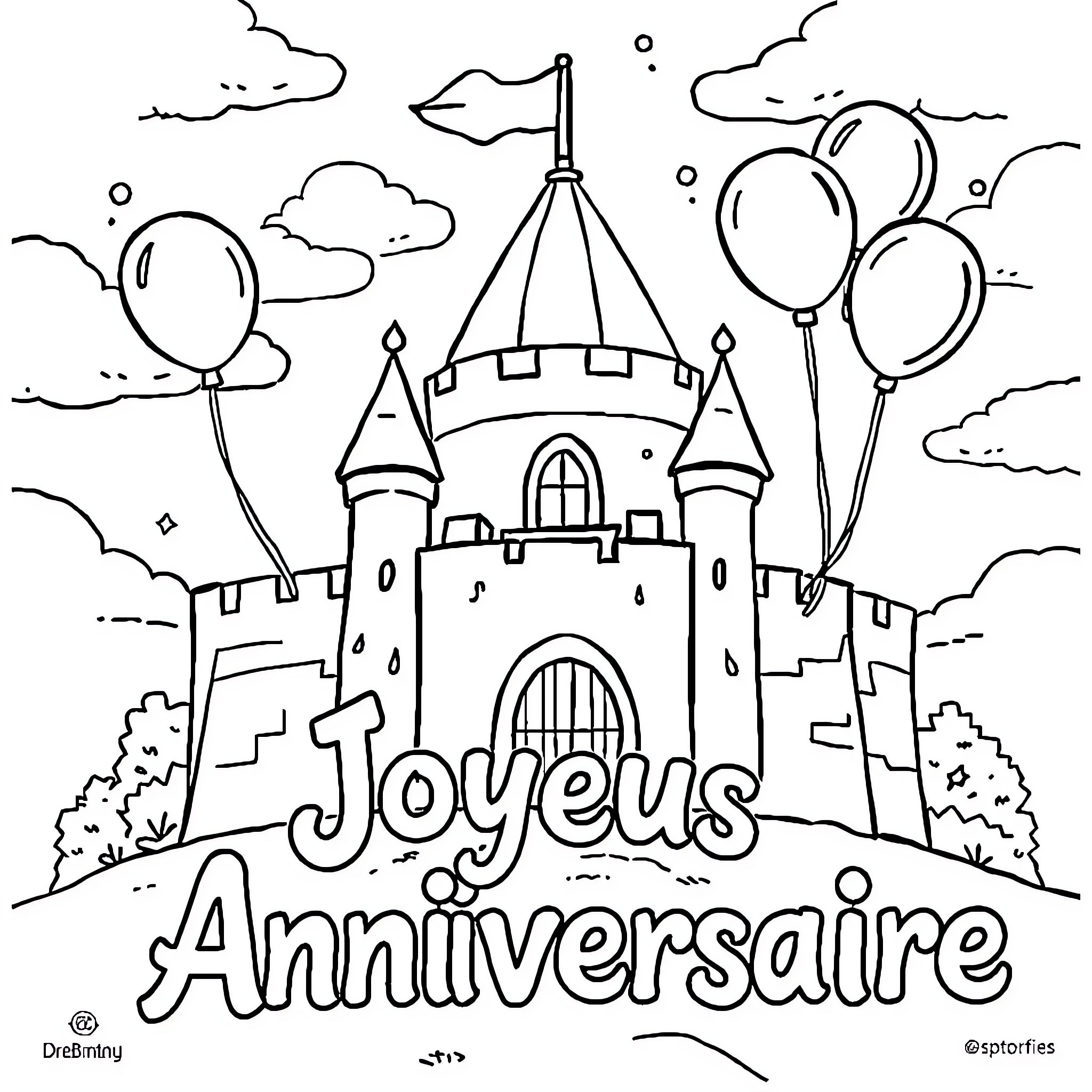 Fort Boyard castle with celebratory balloons Coloring Page (free black-and-white line drawing printable PDF for all, from beginners to advanced learners, including children, teens, adults, and seniors)
