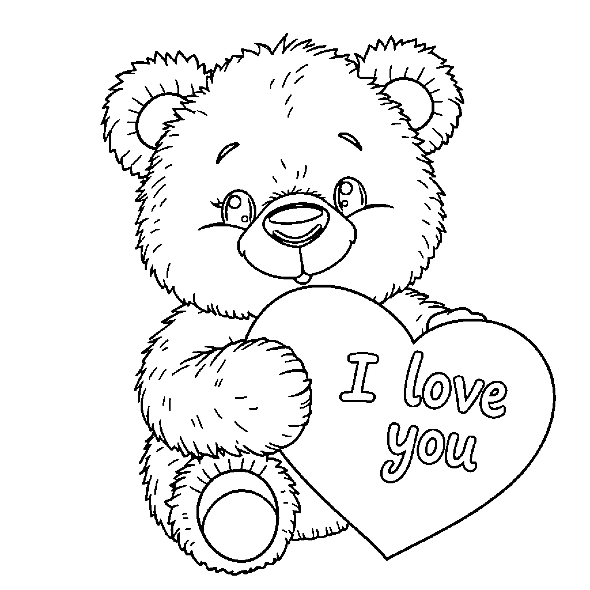 Teddy Bear expressing love with heart-shaped sign Coloring Page (free black-and-white line drawing printable PDF for all, from beginners to advanced learners, including children, teens, adults, and seniors)