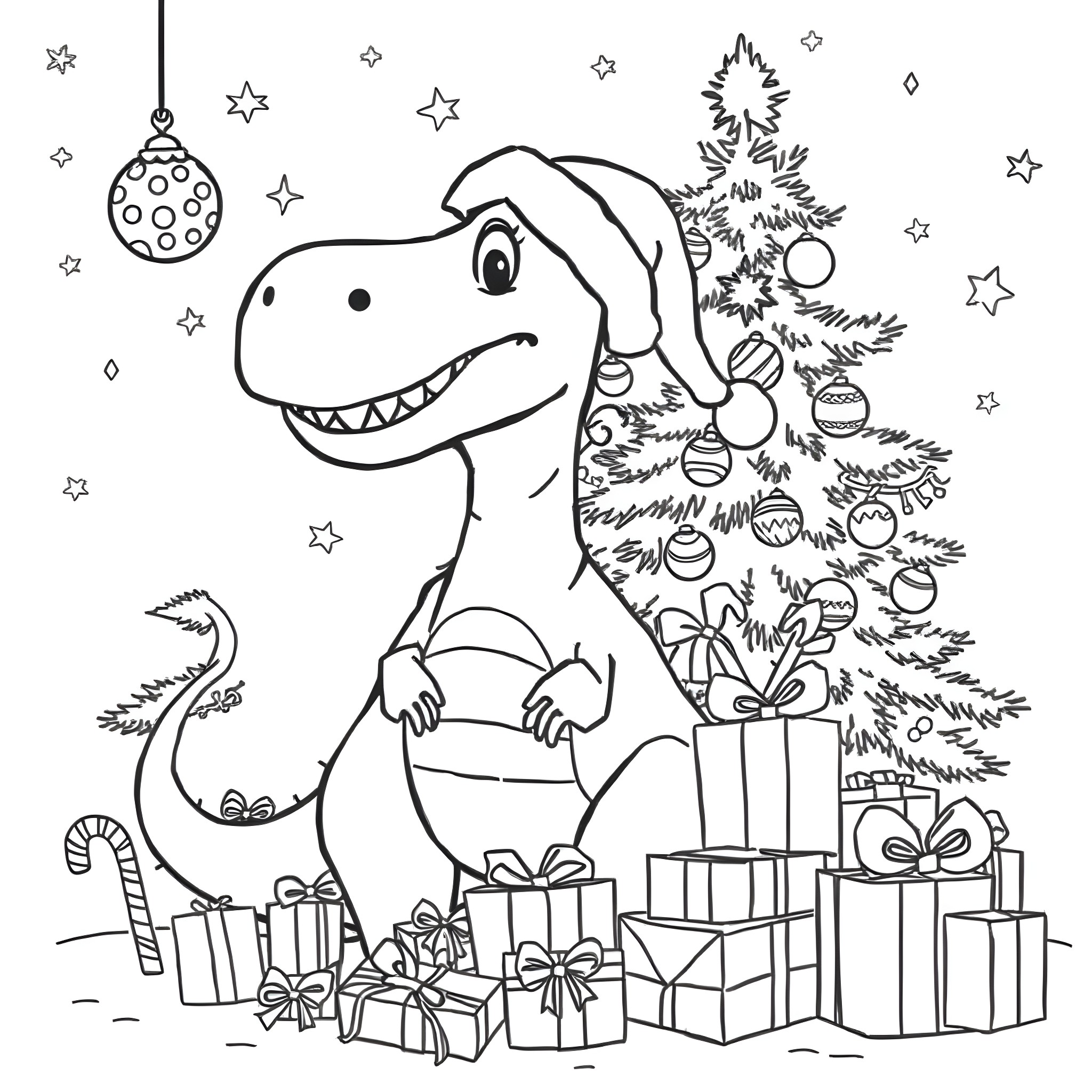 Dinosaur enjoying Christmas with presents and decorations Coloring Page (free black-and-white line drawing printable PDF for all, from beginners to advanced learners, including children, teens, adults, and seniors)