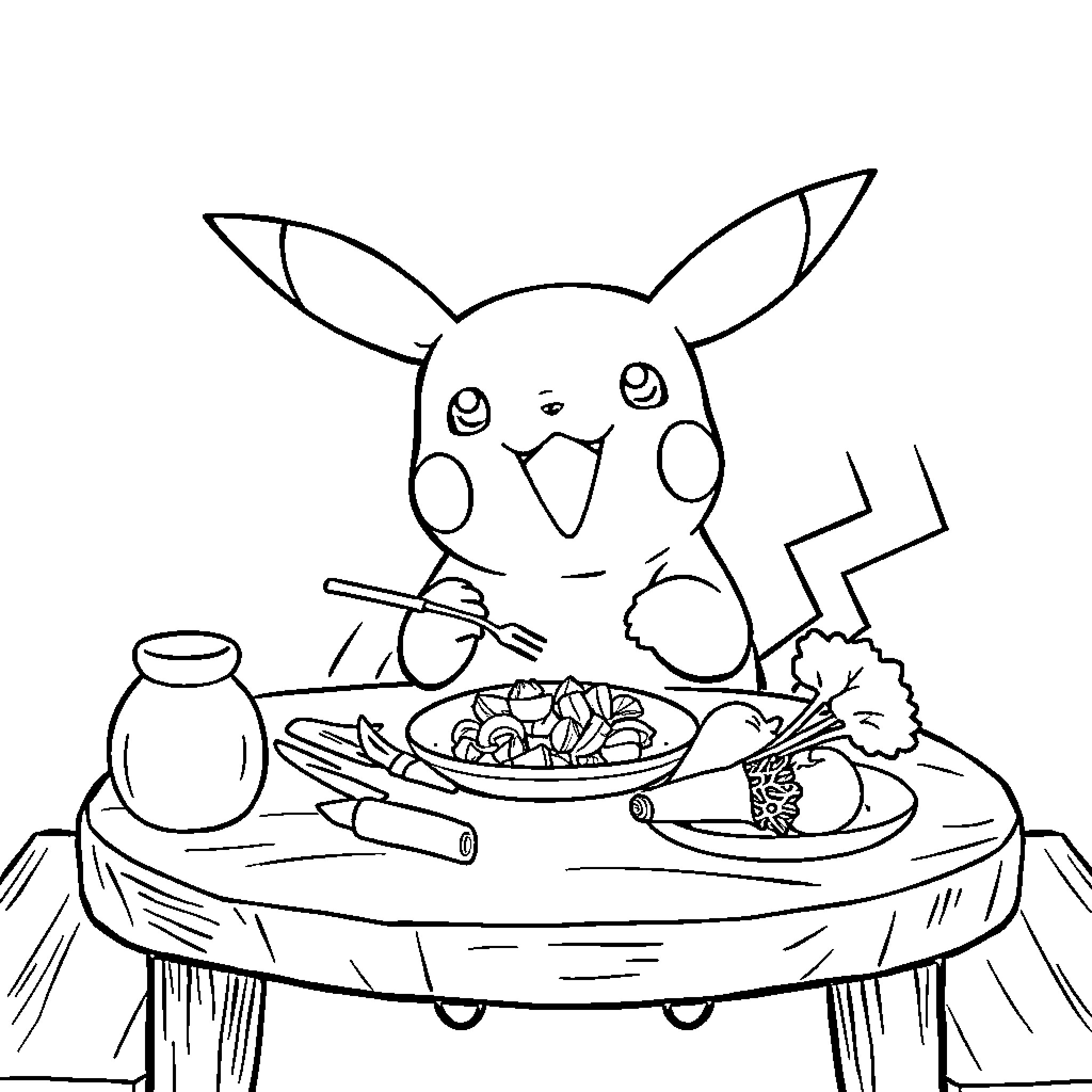 Pikachu Enjoying a Tasty Meal Coloring Page (free black-and-white line drawing printable PDF for all, from beginners to advanced learners, including children, teens, adults, and seniors)