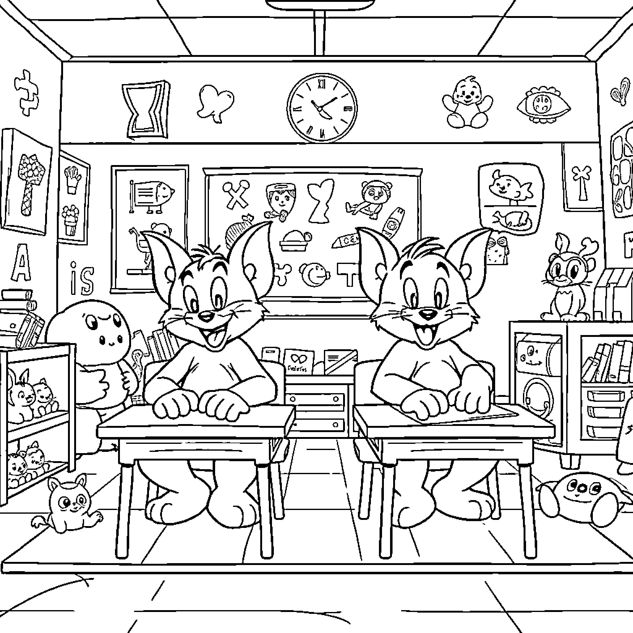 Tom and Jerry playing in their classroom Coloring Page (free black-and-white line drawing printable PDF for all, from beginners to advanced learners, including children, teens, adults, and seniors)