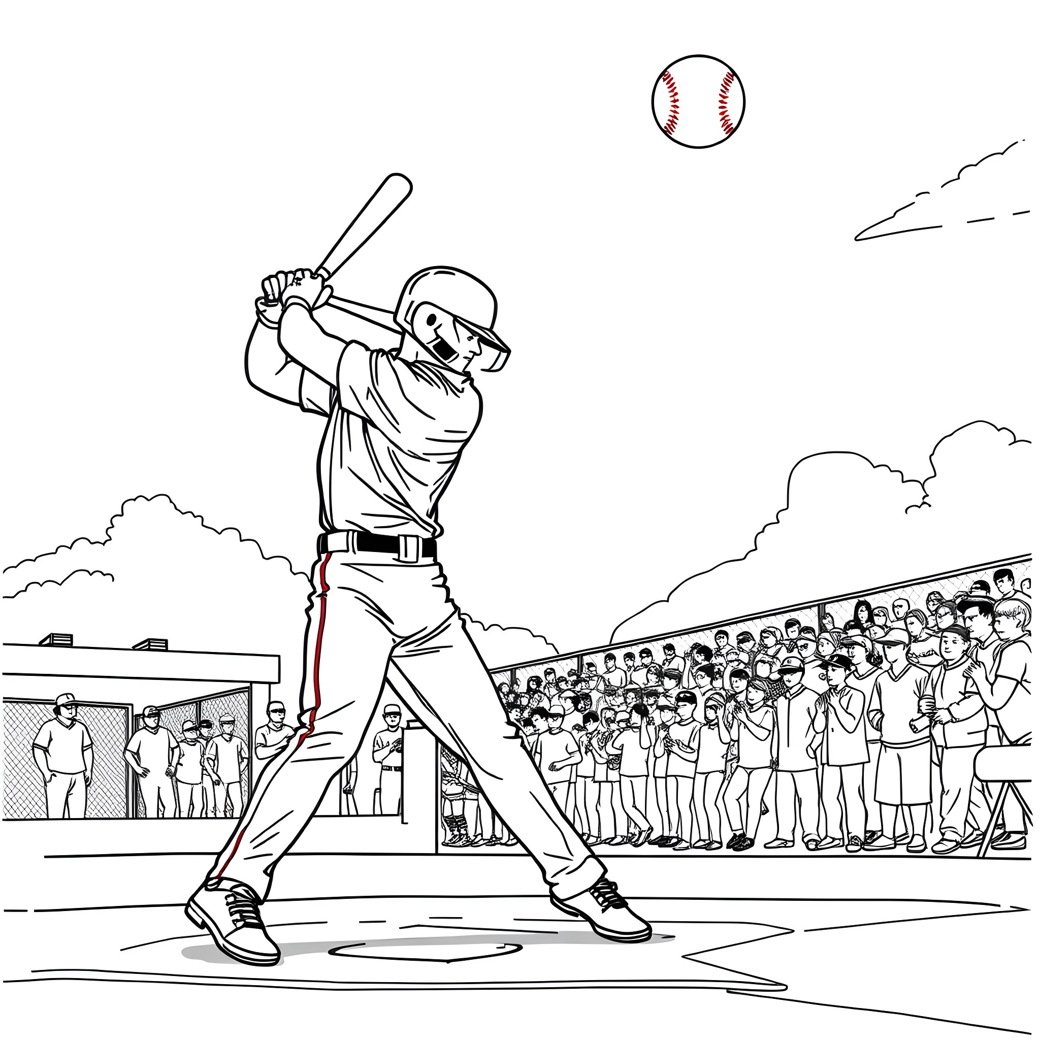 Baseball Player Batting at Home Plate with Crowd Coloring Page (free black-and-white line drawing printable PDF for all, from beginners to advanced learners, including children, teens, adults, and seniors)