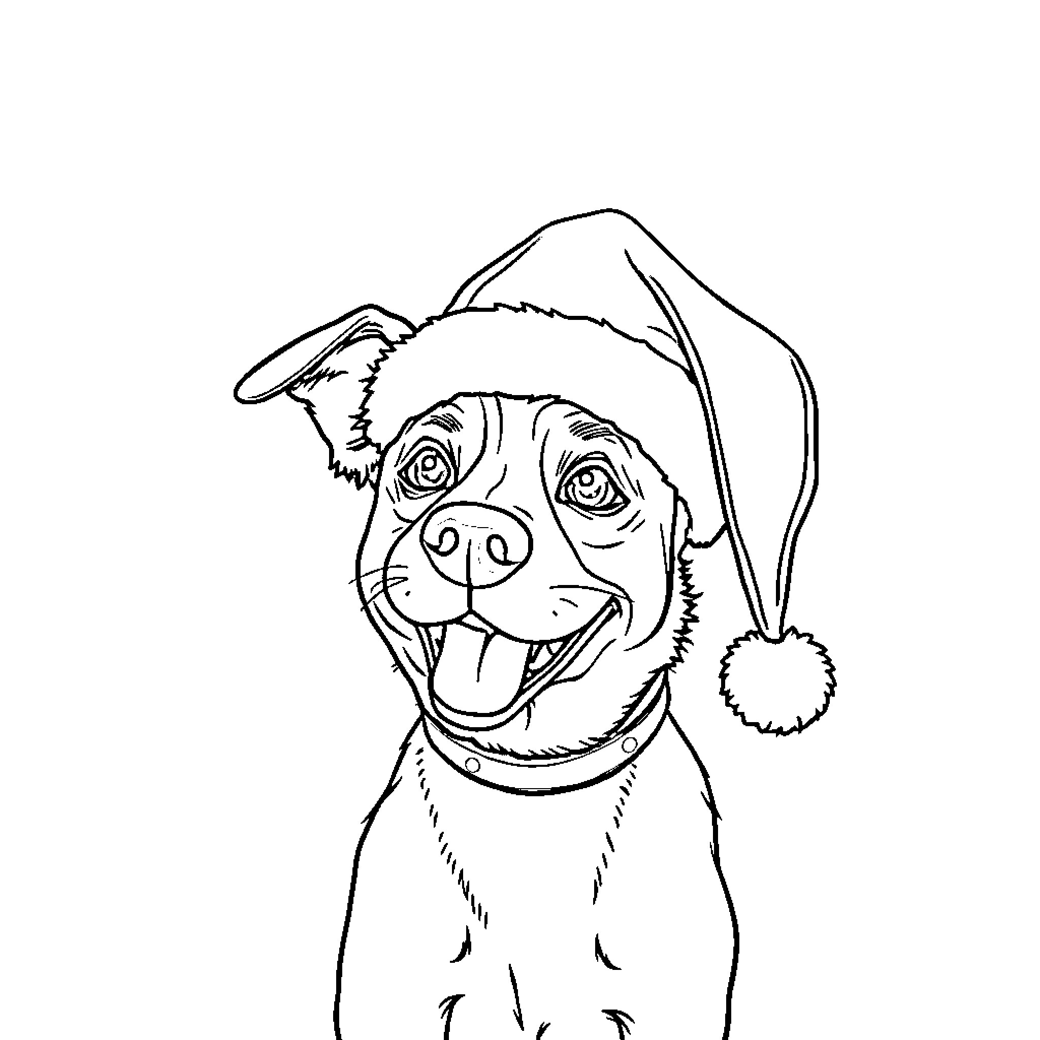 Dog in Santa Claus hat with happy expression Coloring Page (free black-and-white line drawing printable PDF for all, from beginners to advanced learners, including children, teens, adults, and seniors)