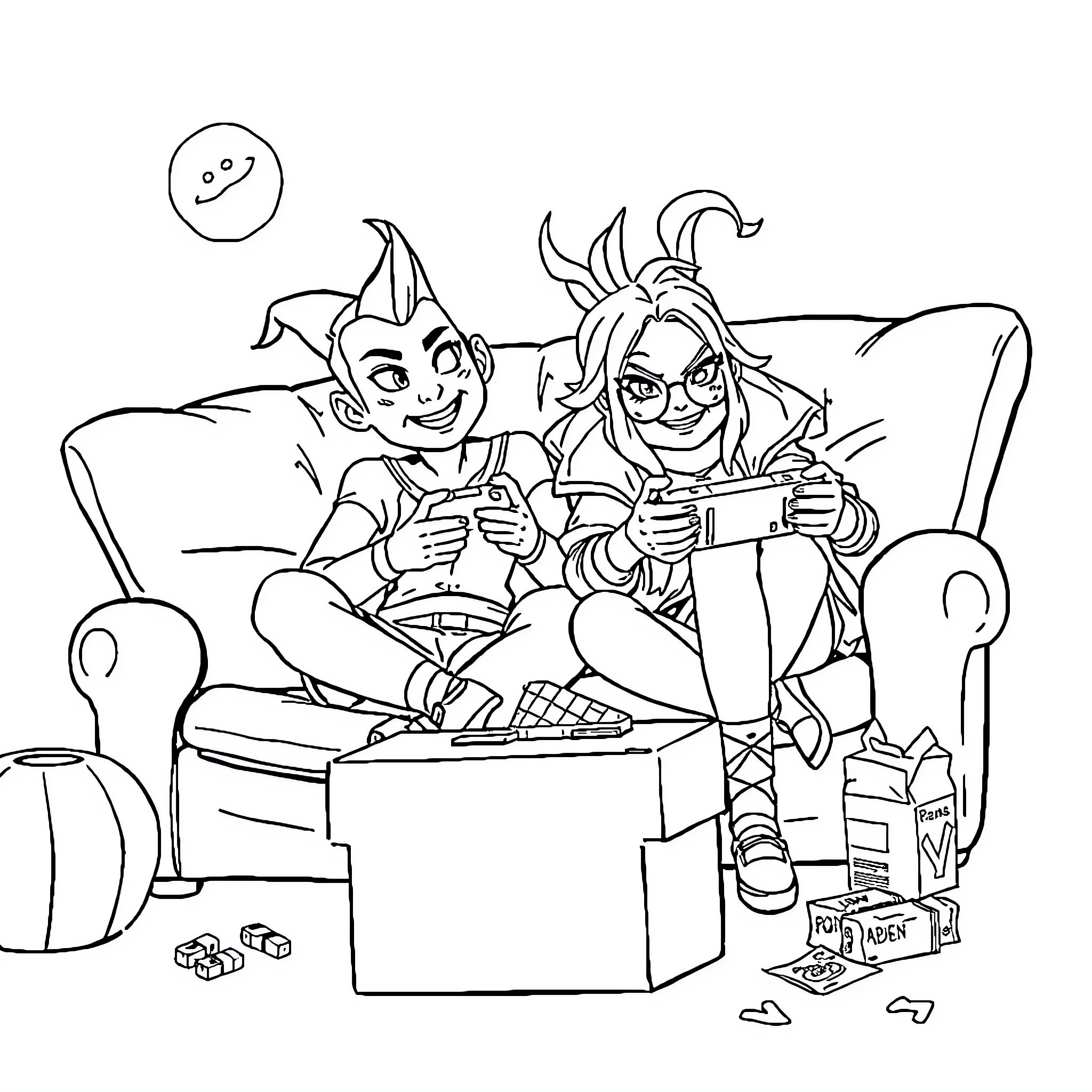 Jinx: Gaming buddies enjoying a fun gaming session Coloring Page (free black-and-white line drawing printable PDF for all, from beginners to advanced learners, including children, teens, adults, and seniors)
