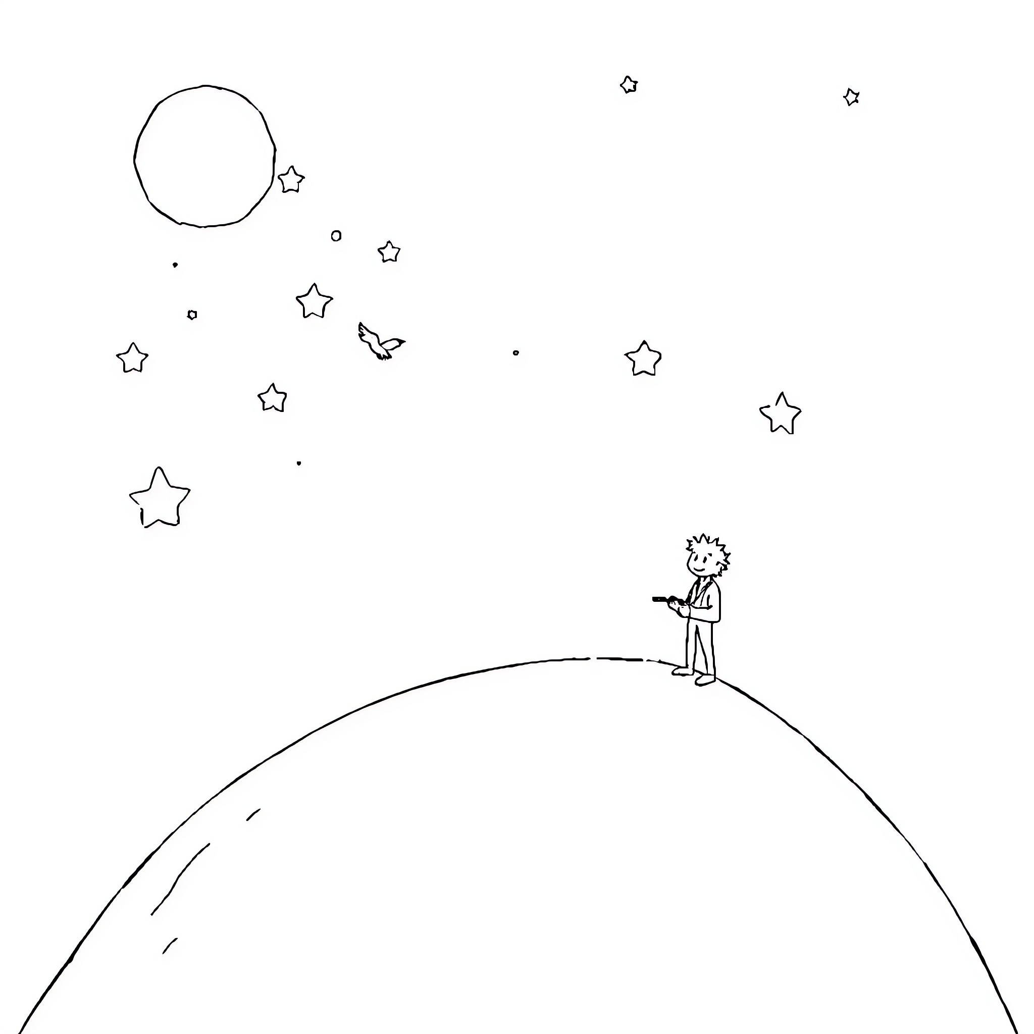 Little Prince gazing at the stars in the night sky Coloring Page (free black-and-white line drawing printable PDF for all, from beginners to advanced learners, including children, teens, adults, and seniors)