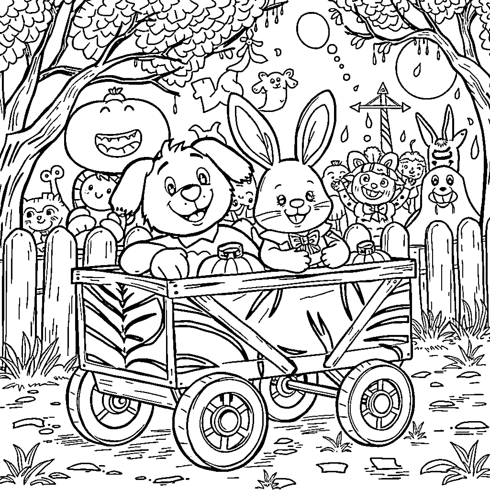 Stuffed Animal Characters Riding in a Wagon Coloring Page (free black-and-white line drawing printable PDF for all, from beginners to advanced learners, including children, teens, adults, and seniors)