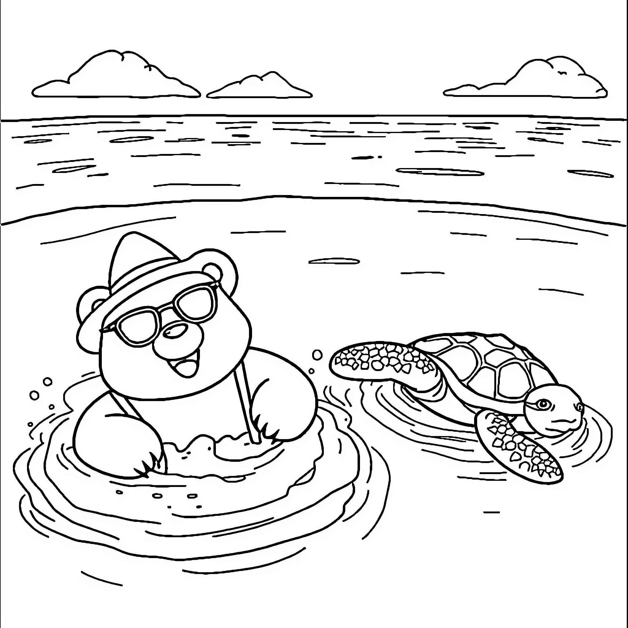 Bear enjoying a day at the beach Coloring Page (free black-and-white line drawing printable PDF for all, from beginners to advanced learners, including children, teens, adults, and seniors)