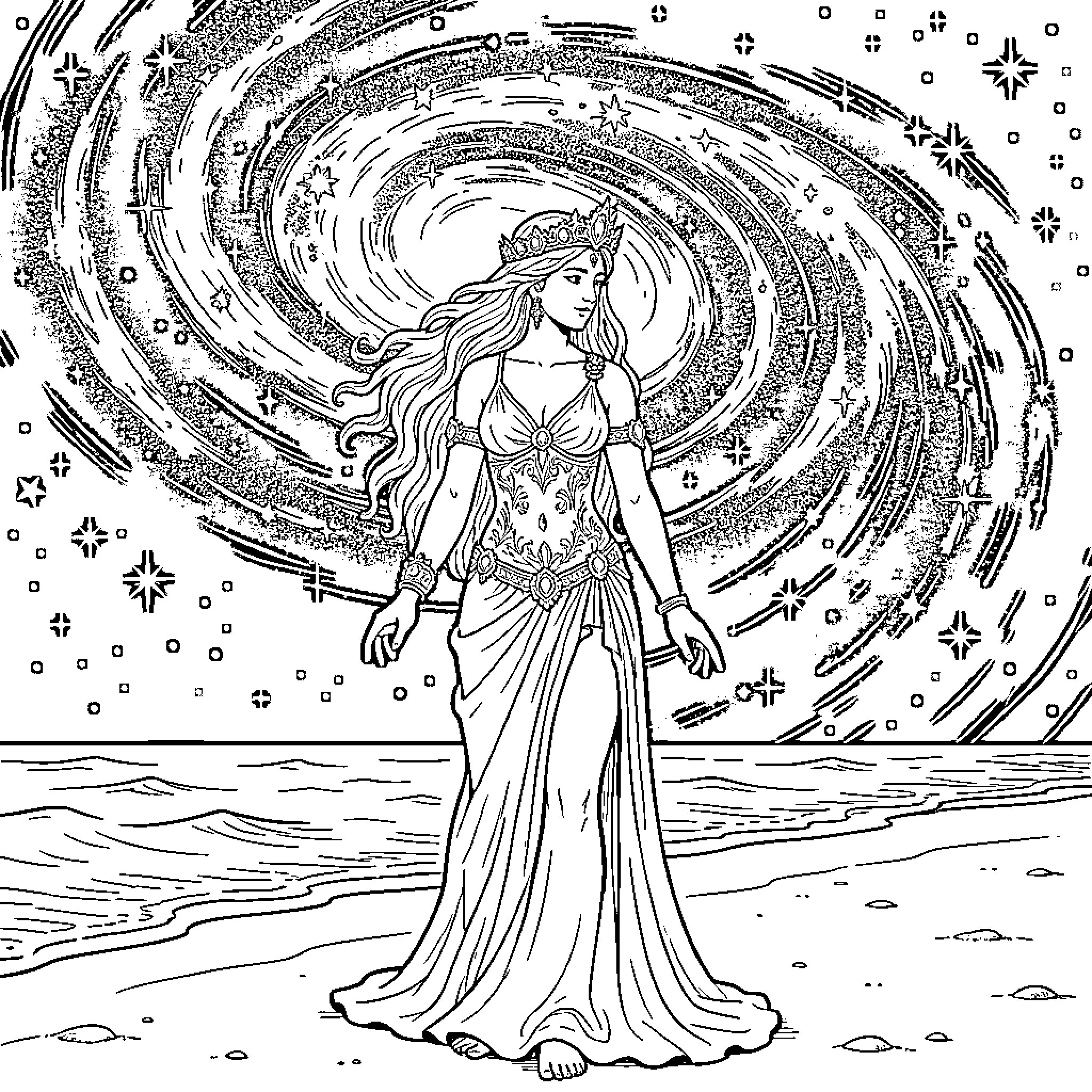 Goddess standing gracefully amidst a swirling celestial galaxy Coloring Page (free black-and-white line drawing printable PDF for all, from beginners to advanced learners, including children, teens, adults, and seniors)