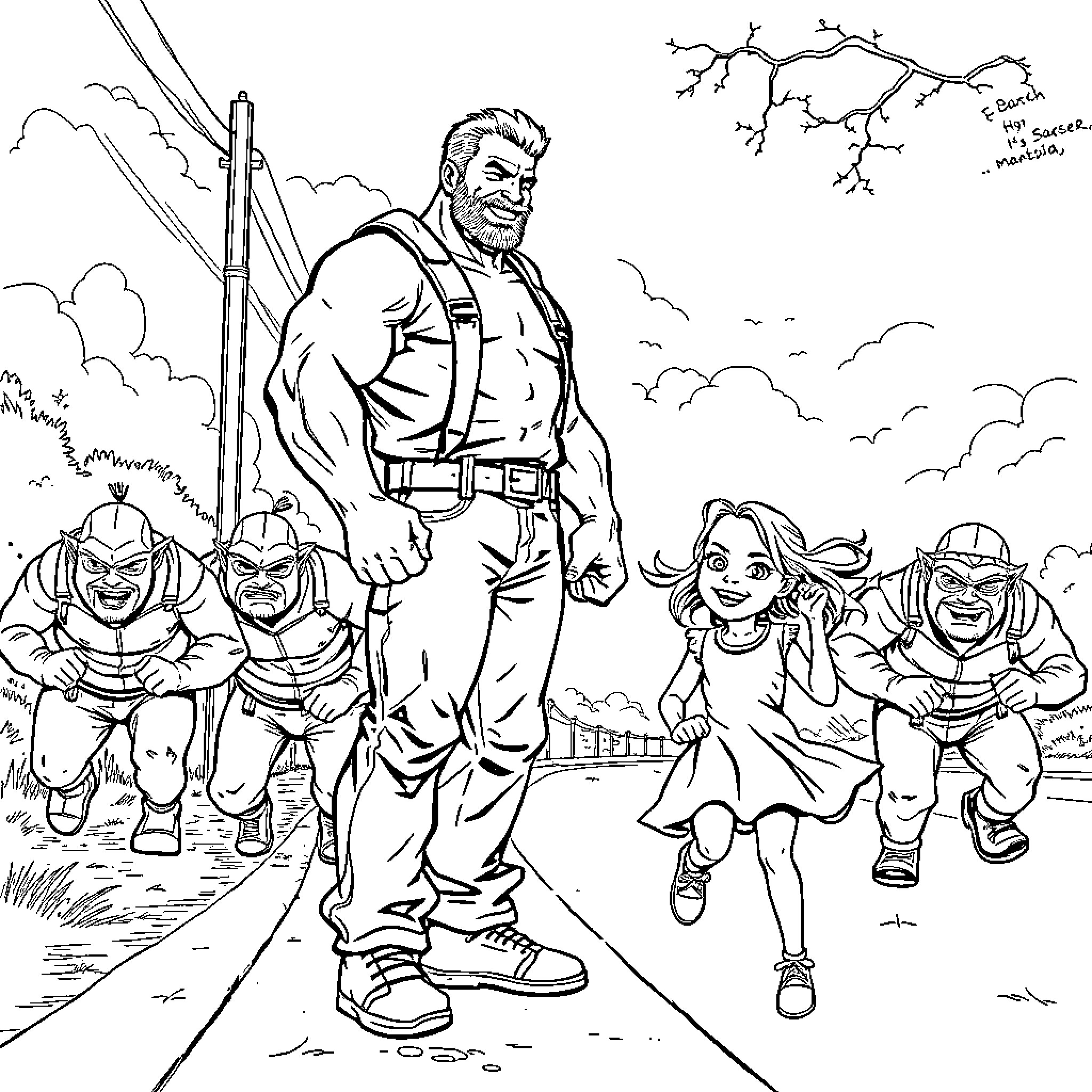 Man and group of characters in an outdoor scene Coloring Page (free black-and-white line drawing printable PDF for all, from beginners to advanced learners, including children, teens, adults, and seniors)