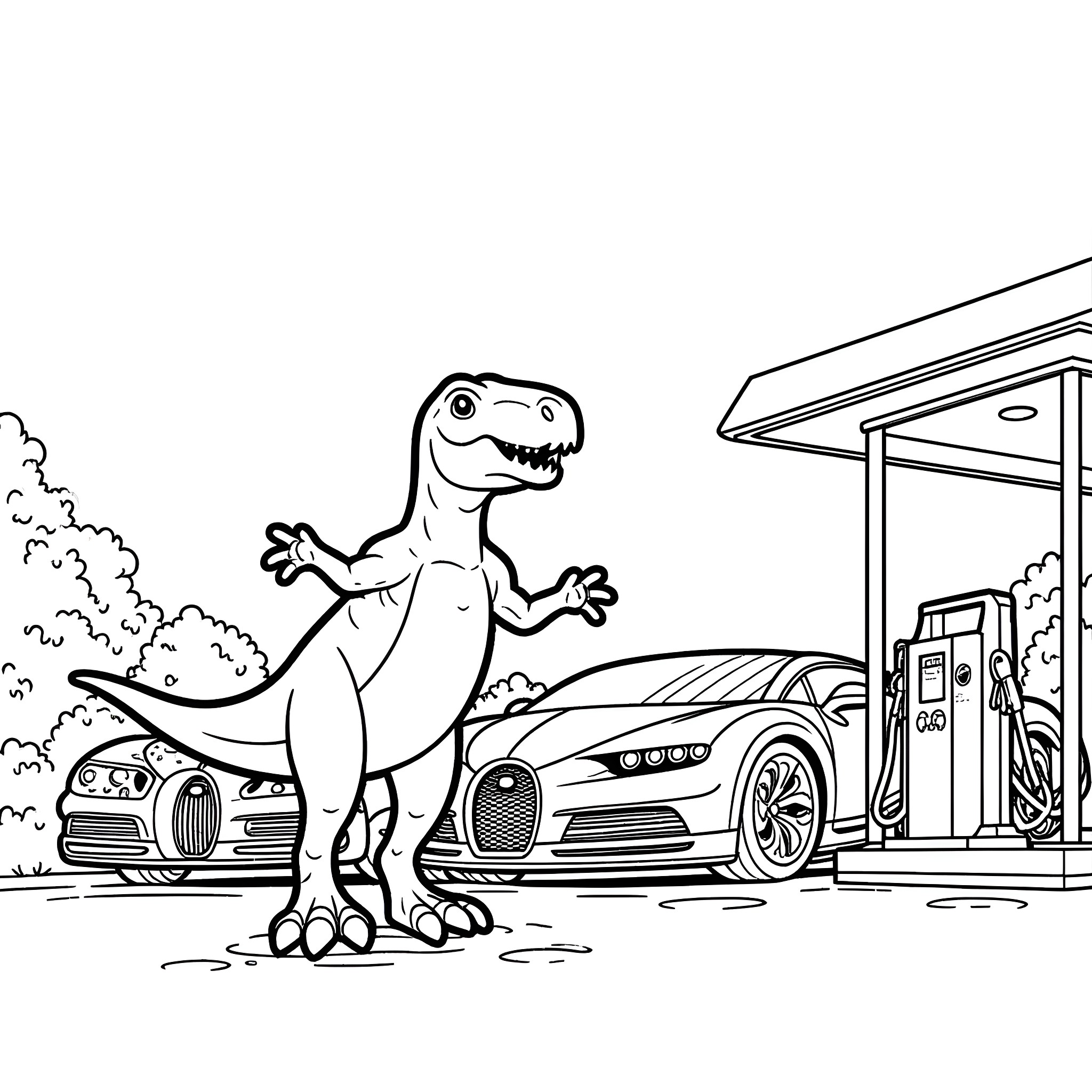 T-Rex exploring futuristic technology at gas station Coloring Page (free black-and-white line drawing printable PDF for all, from beginners to advanced learners, including children, teens, adults, and seniors)