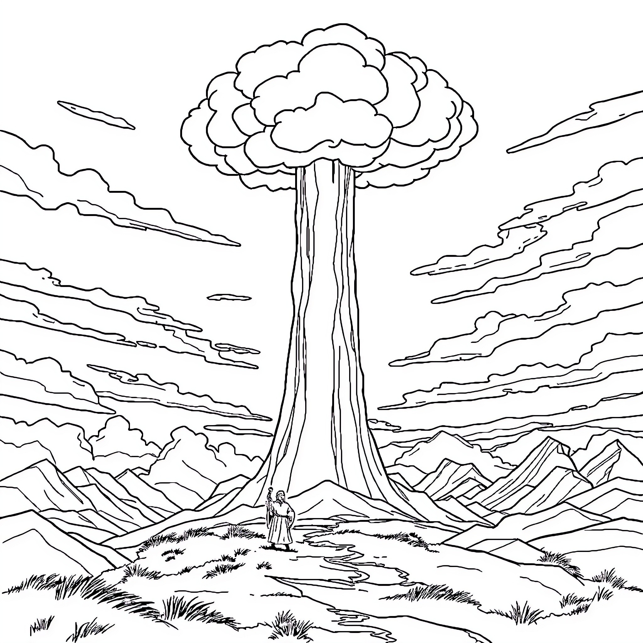 Cloud Bursting Over Rugged Landscape Coloring Page (free black-and-white line drawing printable PDF for all, from beginners to advanced learners, including children, teens, adults, and seniors)