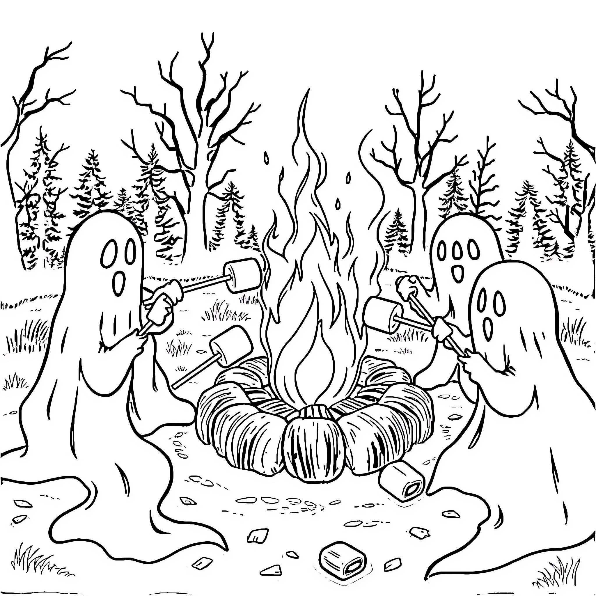 Ghost Figures Gathering Around a Campfire in a Spooky Forest Coloring Page (free black-and-white line drawing printable PDF for all, from beginners to advanced learners, including children, teens, adults, and seniors)