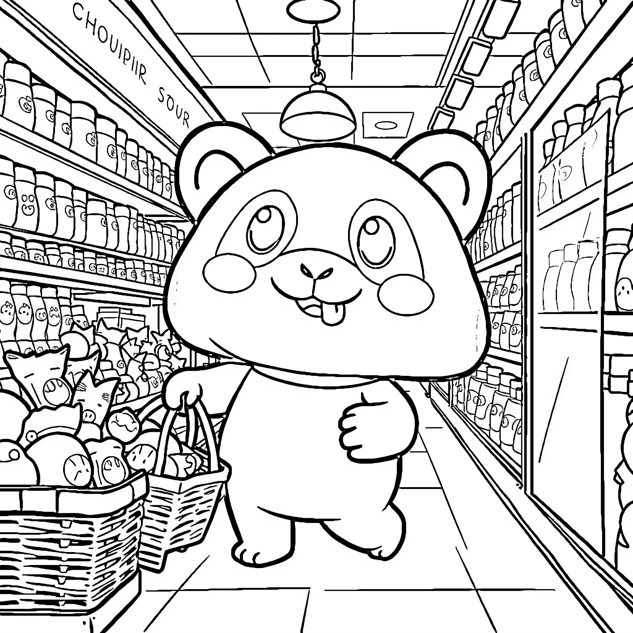 Labubu's Shopping Spree in the Supermarket Coloring Page (free black-and-white line drawing printable PDF for all, from beginners to advanced learners, including children, teens, adults, and seniors)