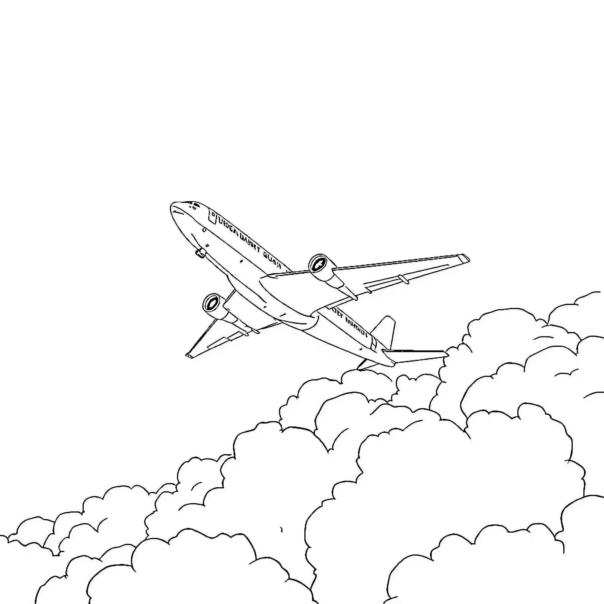 Airplane soaring through cloudy skies Coloring Page (free black-and-white line drawing printable PDF for all, from beginners to advanced learners, including children, teens, adults, and seniors)