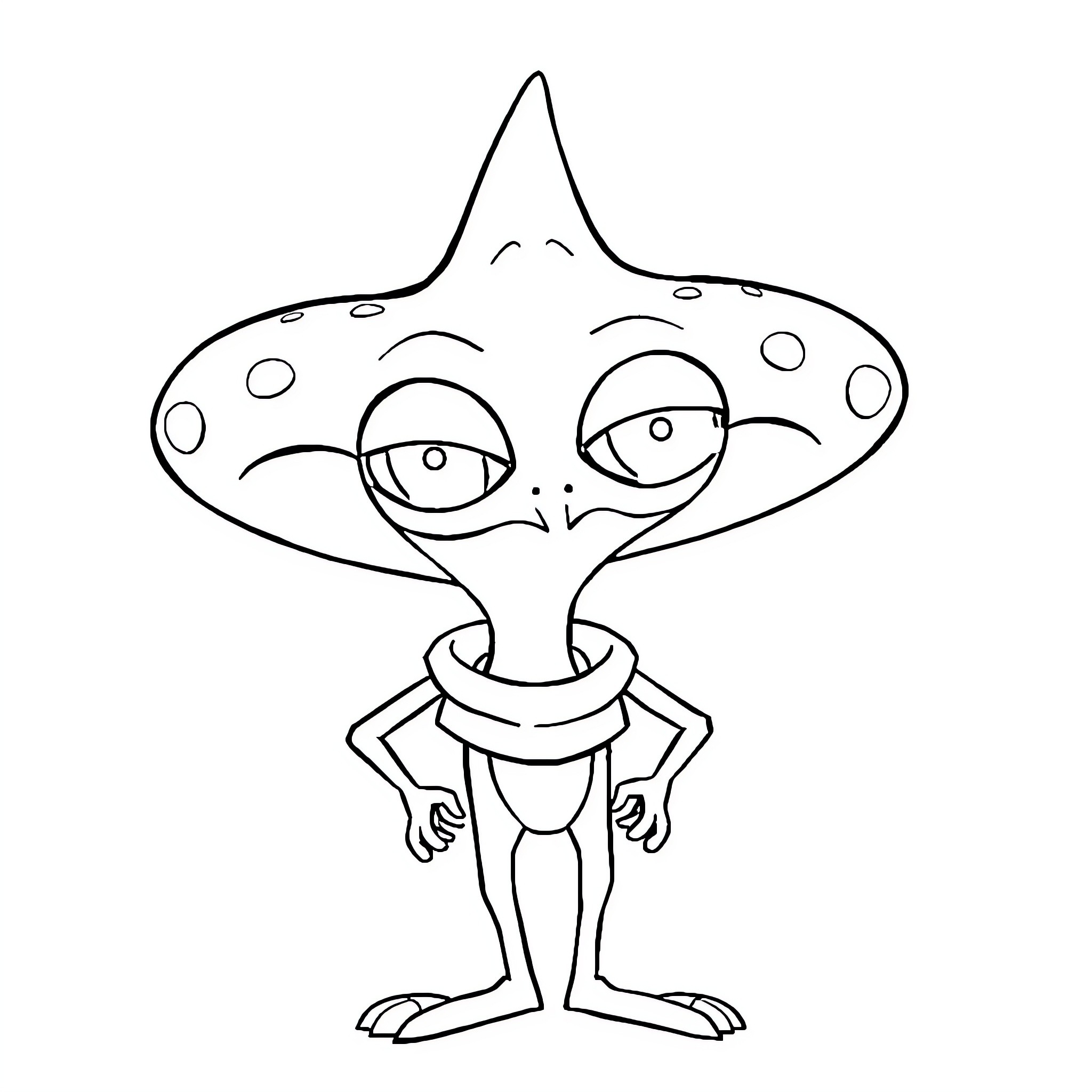 Roger the Silly Spotted Alien Creature Coloring Page (free black-and-white line drawing printable PDF for all, from beginners to advanced learners, including children, teens, adults, and seniors)